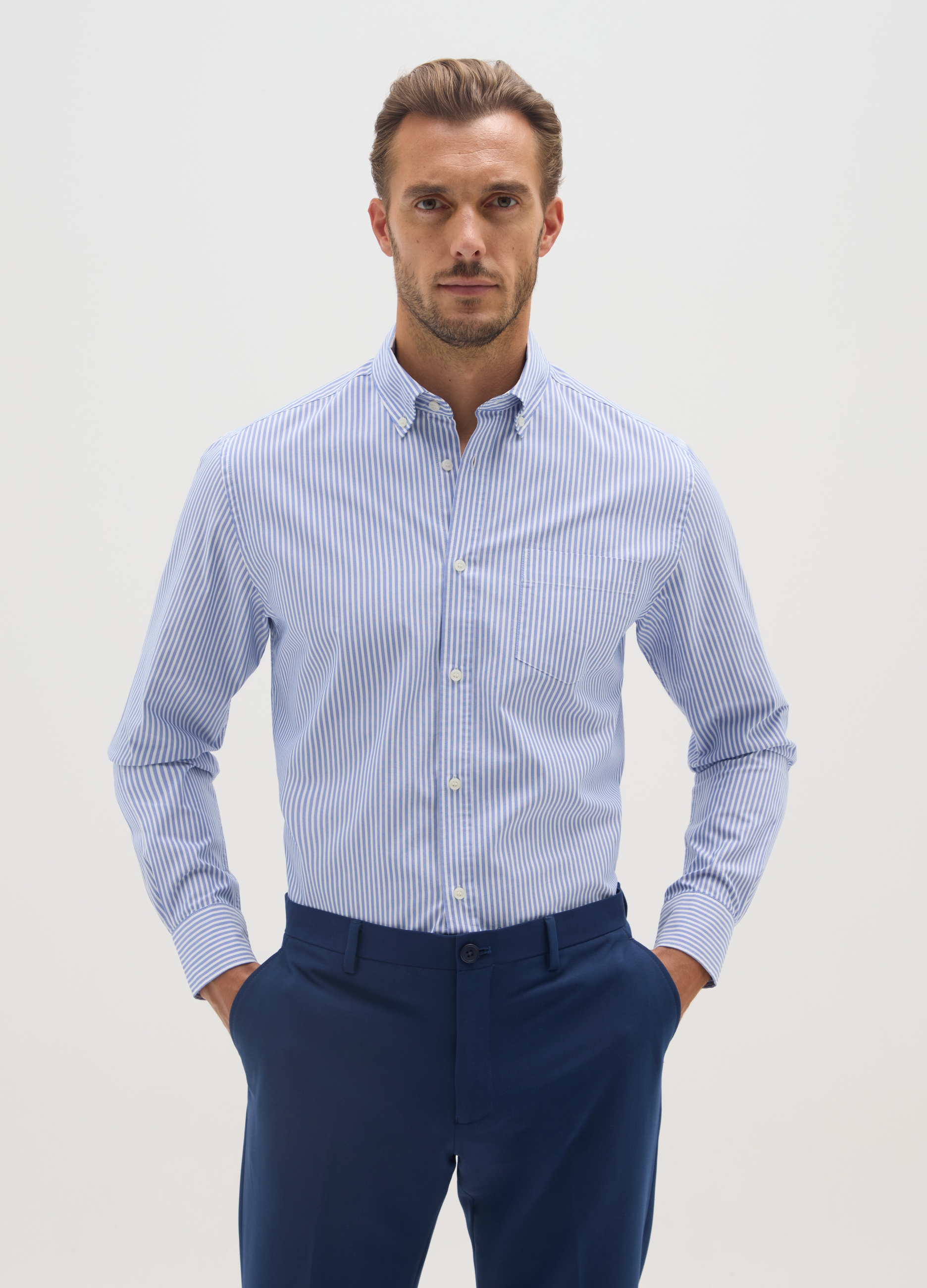 Camisa De Mezcla De Algodón Multicolor A Rayas Fácil De Planchar, Hombre, Blanco/azul claro, Talla: 42