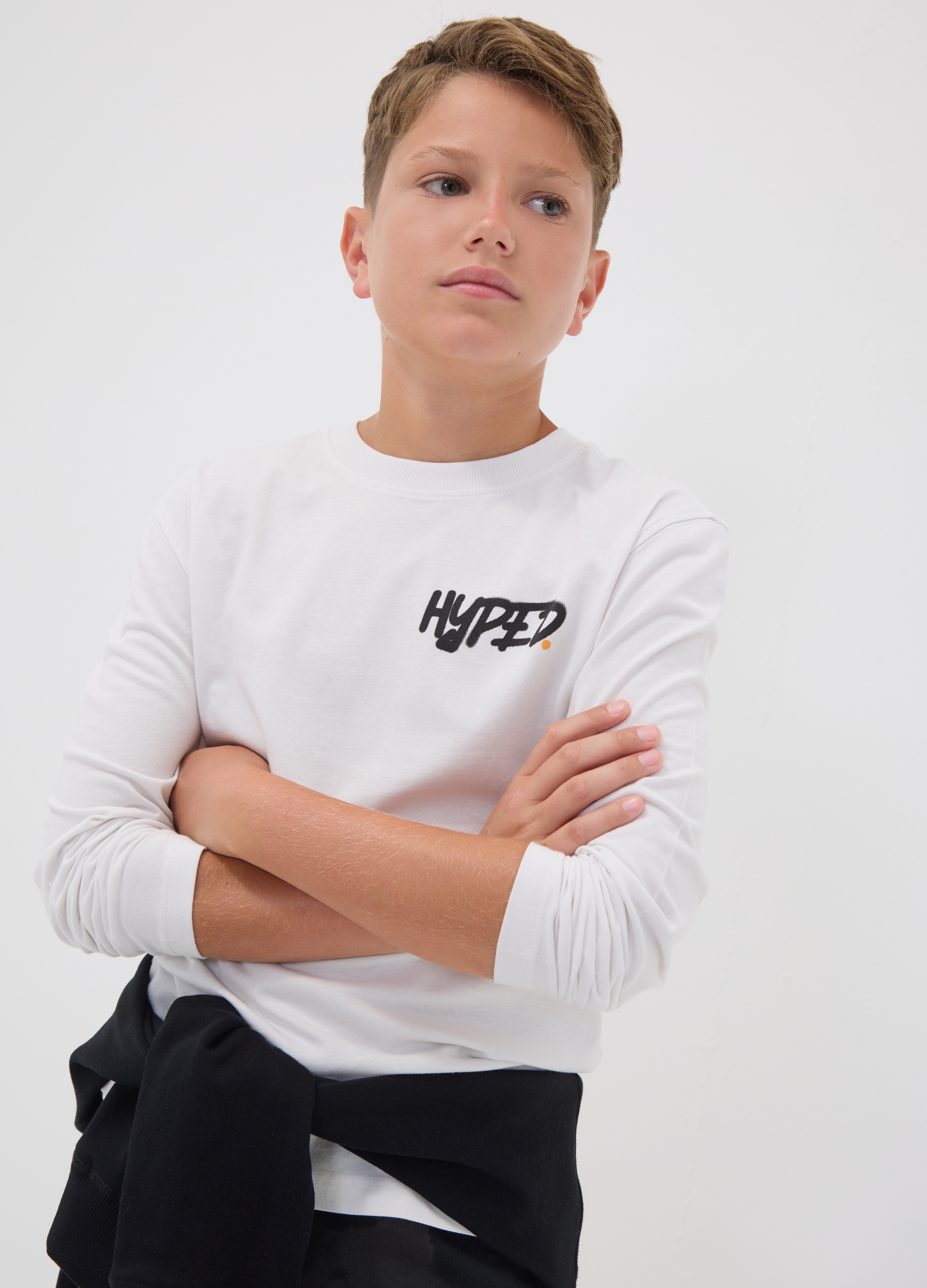 OVS KIDS, T-shirt Bianca In Puro Cotone Organico Con Stampa "hyped" Per Ragazzo, Bambino, Bianco, Taglia: 14-15