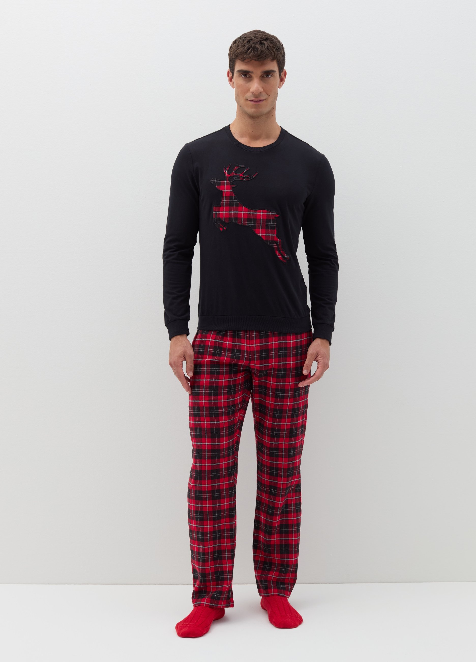 Pijama Con Estampado Tartán Y Parche Animal, Hombre, Negro/Rojo, Talla: M