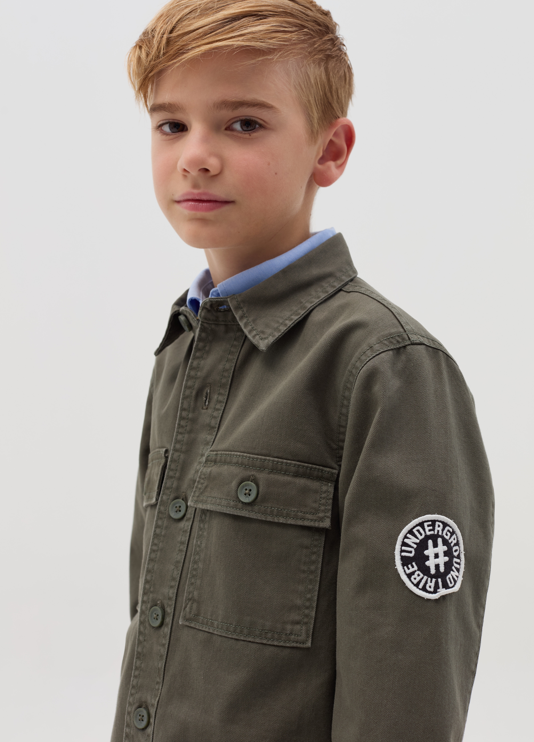 OVS KIDS, Shacket In Twill Di Cotone Con Patch, Bambino, Verde, Taglia: 11-12