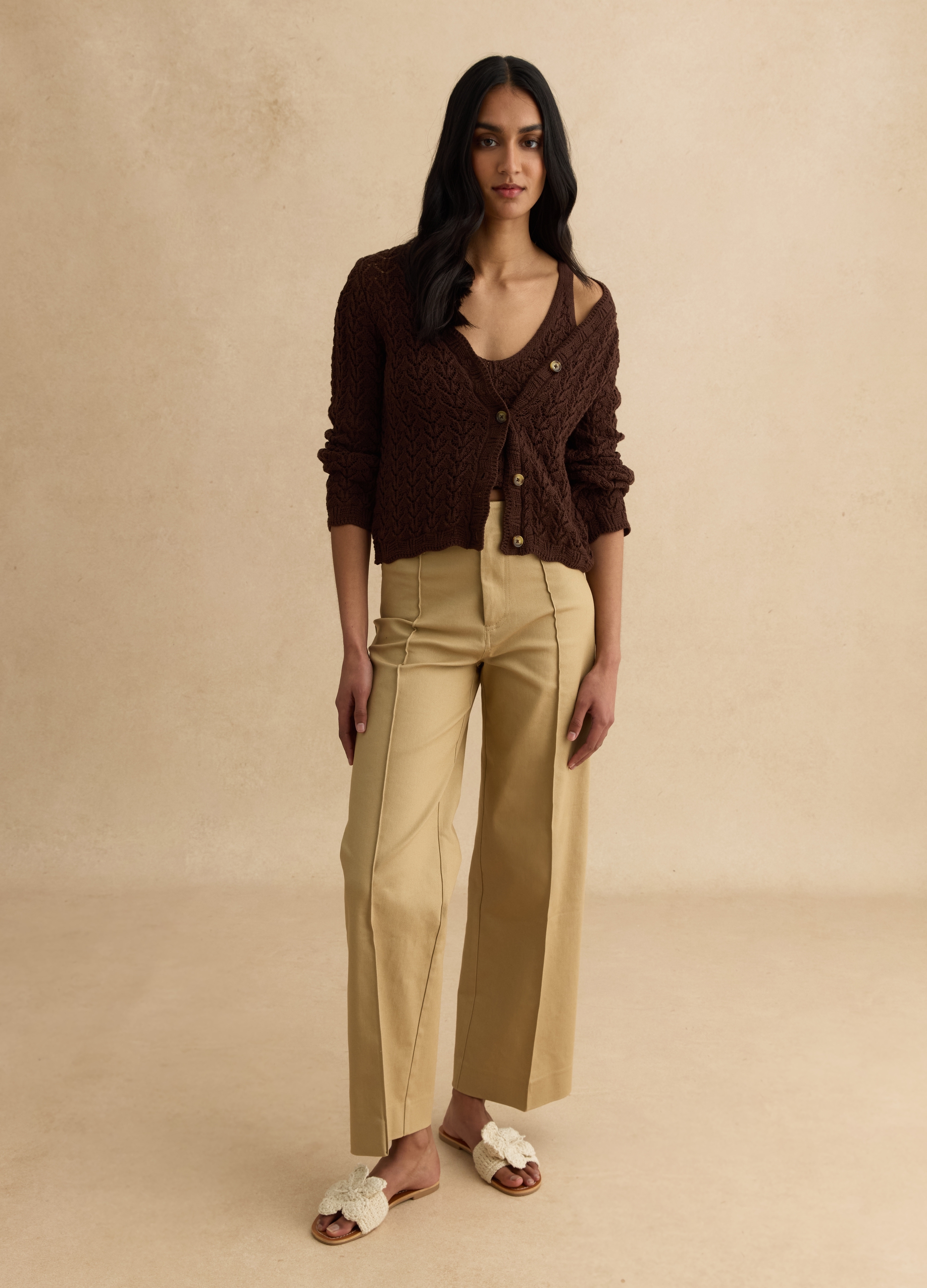 LES COPAINS, Cardigan Marrone In Puro Cotone, Mujer, Marrón, Talla: 36