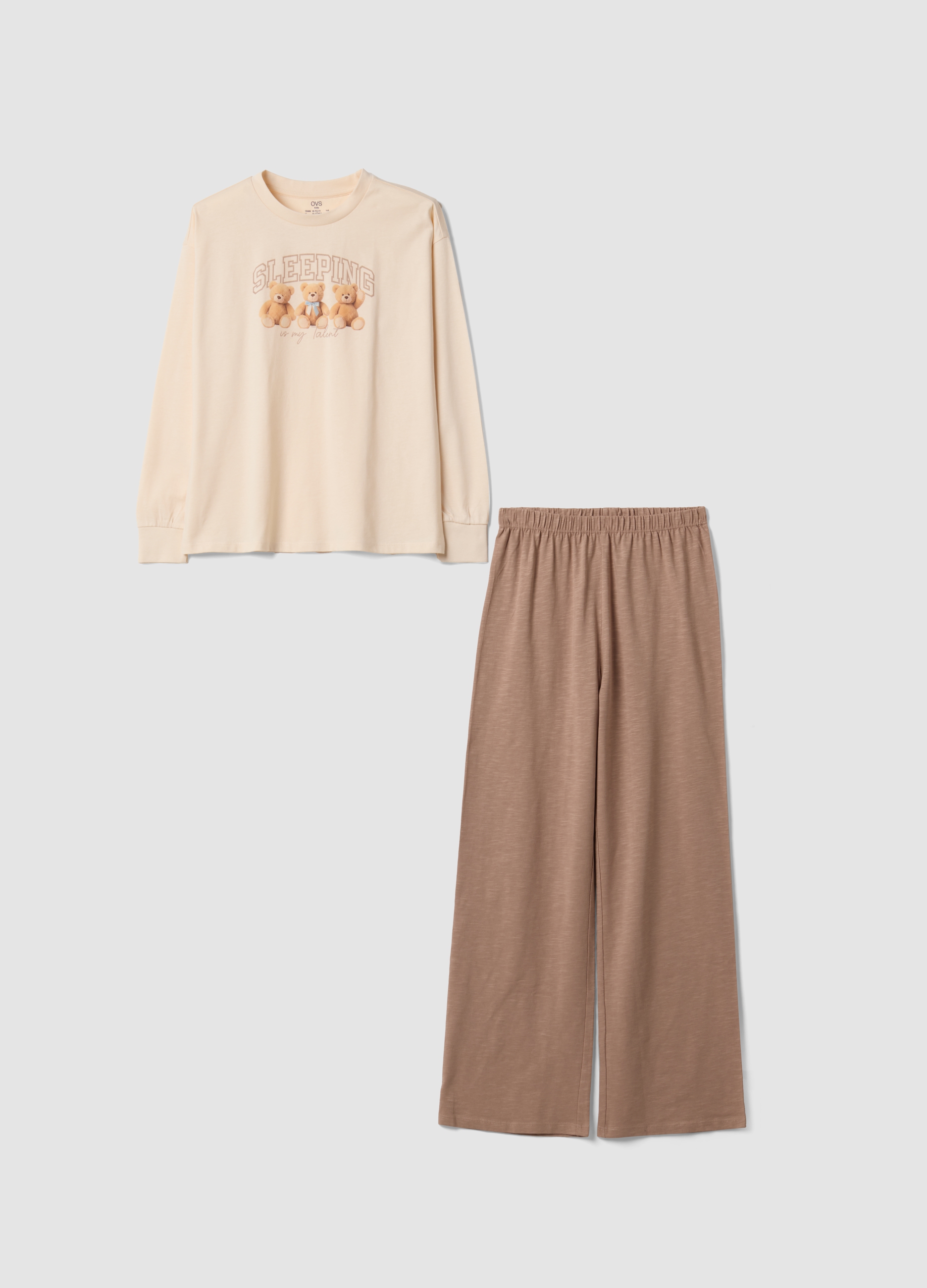 OVS KIDS, Pigiama Beige In Puro Cotone Organico Con Girocollo E Stampa Orsetti, Bambina, Beige, Taglia: 13-14