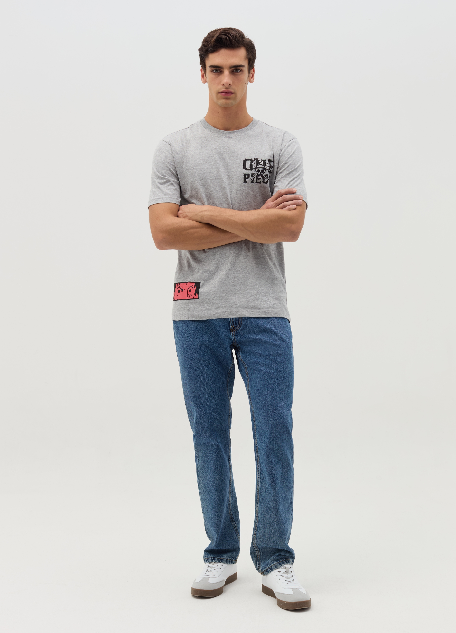 Camiseta Con Estampado Luffy, Hombre, Gris jaspeado, Talla: XXL