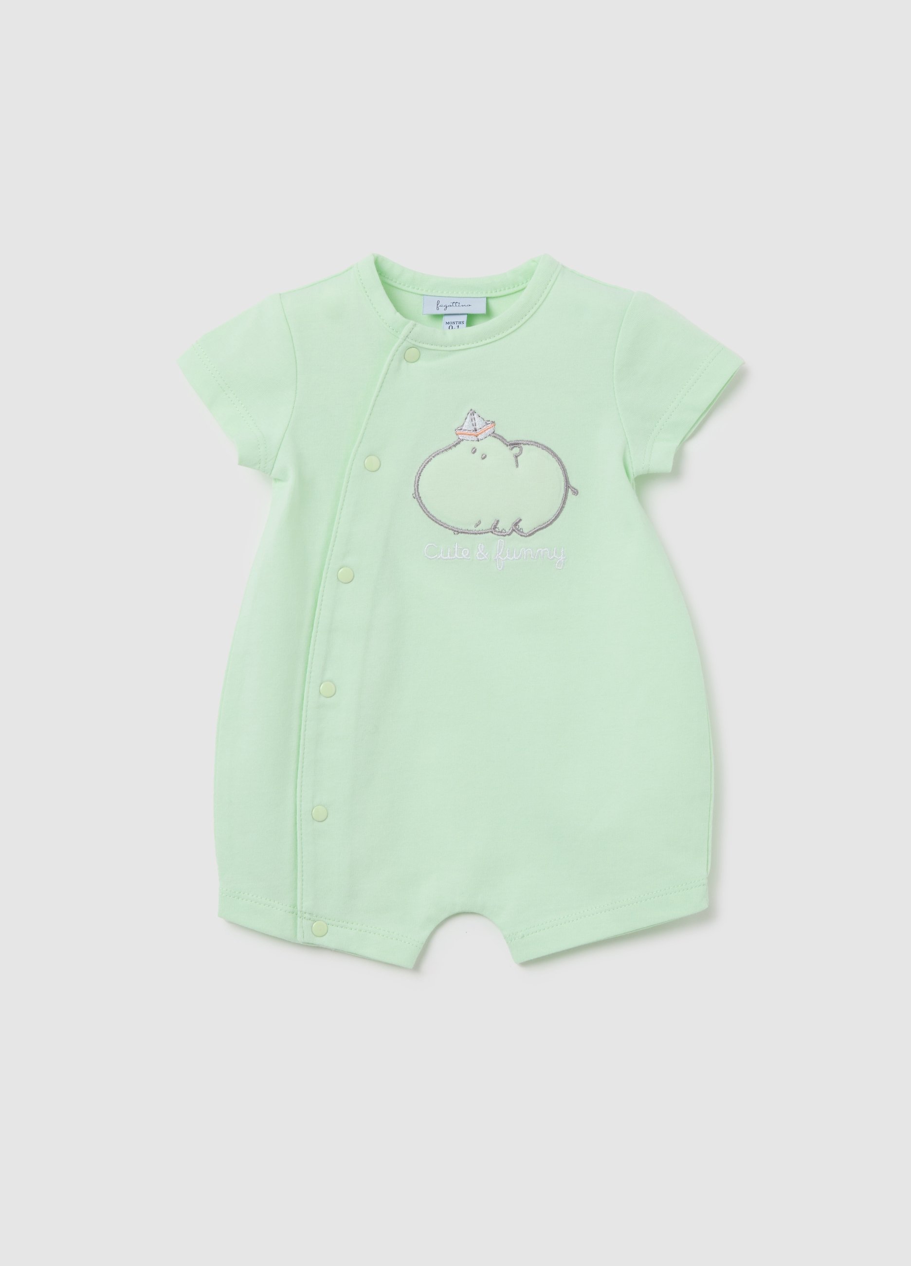 FAGOTTINO, Tutina Corta Verde Con Stampa Ippopotamo, Unisex, Verde, Taglia: 0-1