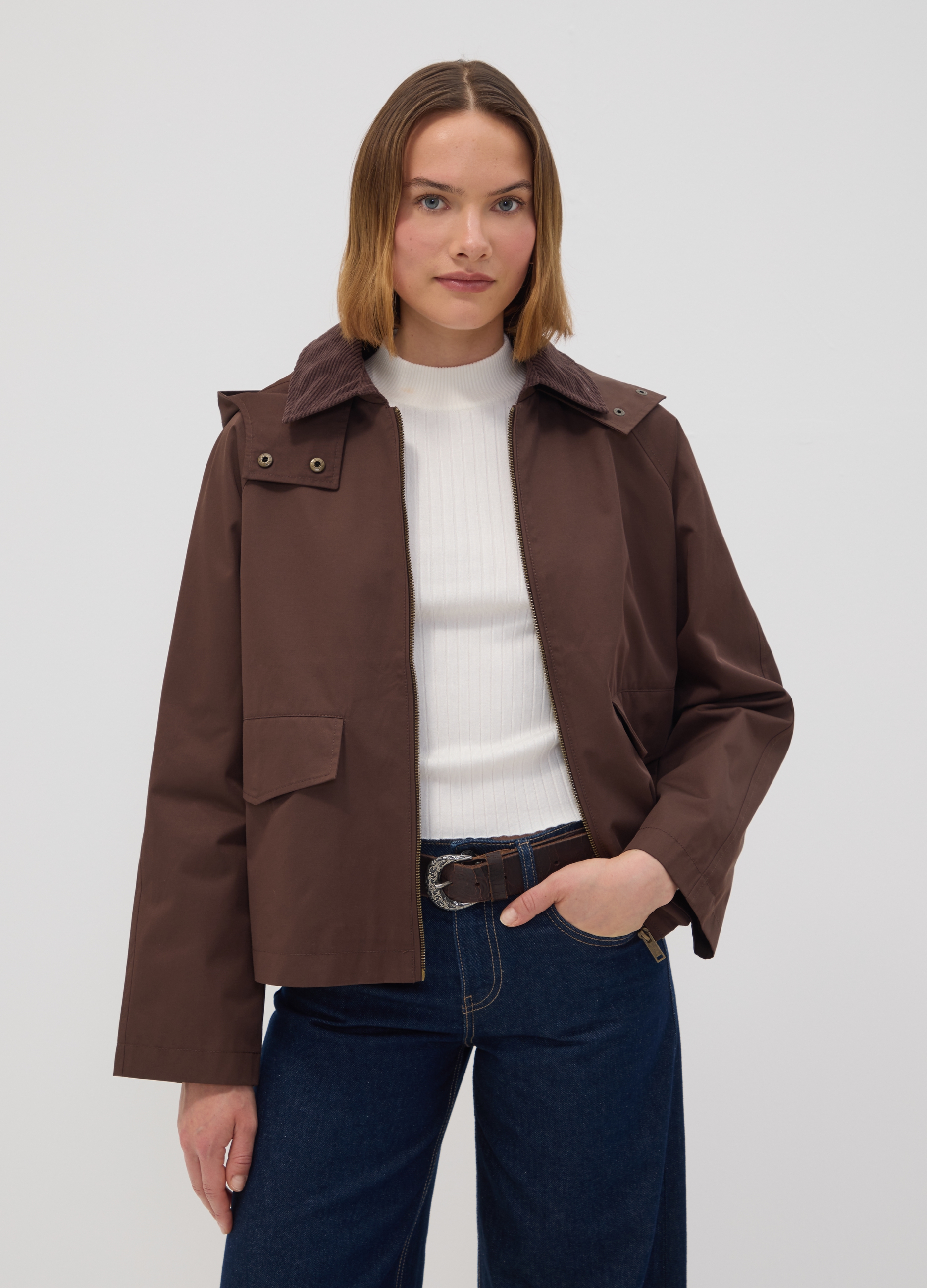 OVS, Giacca Parka Marrone Con Cappuccio E Collo A Coste In Misto Cotone, Donna, Marrone, Taglia: XS