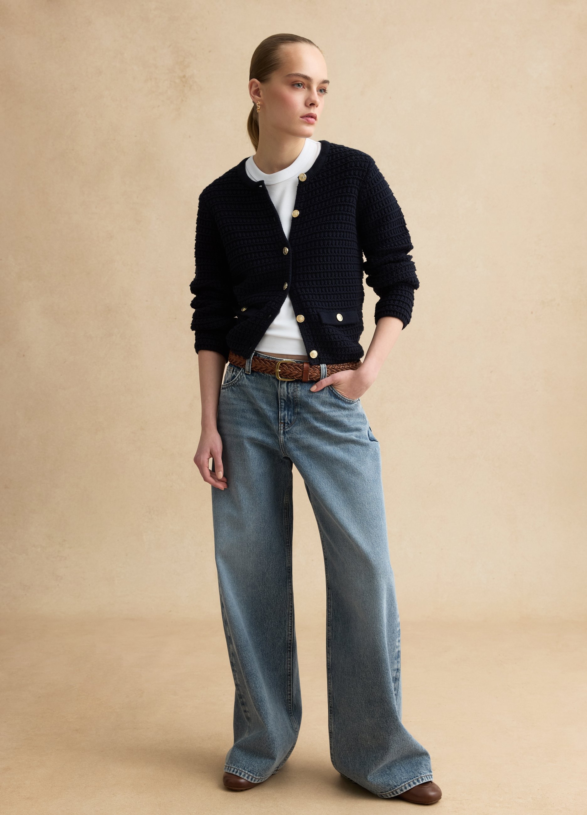 LES COPAINS, Cárdigan Azul De Algodón Puro De Ajuste Regular Con Botones Dorados, Mujer, Azul marino, Talla: 38