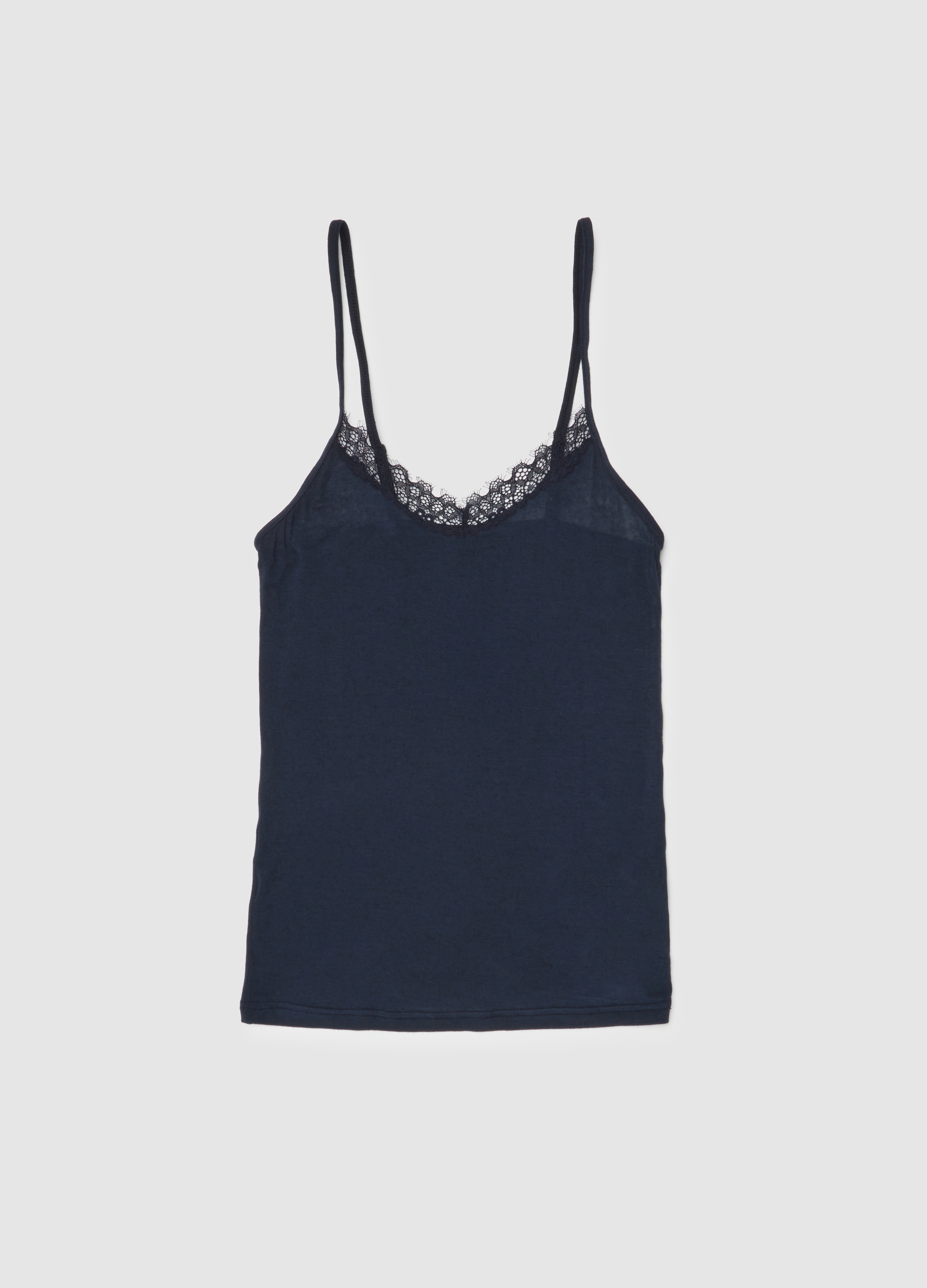 Camiseta Azul Ajustada Con Cuello En V Decorado Con Encaje, Mujer, Blu Bluette, Talla: S