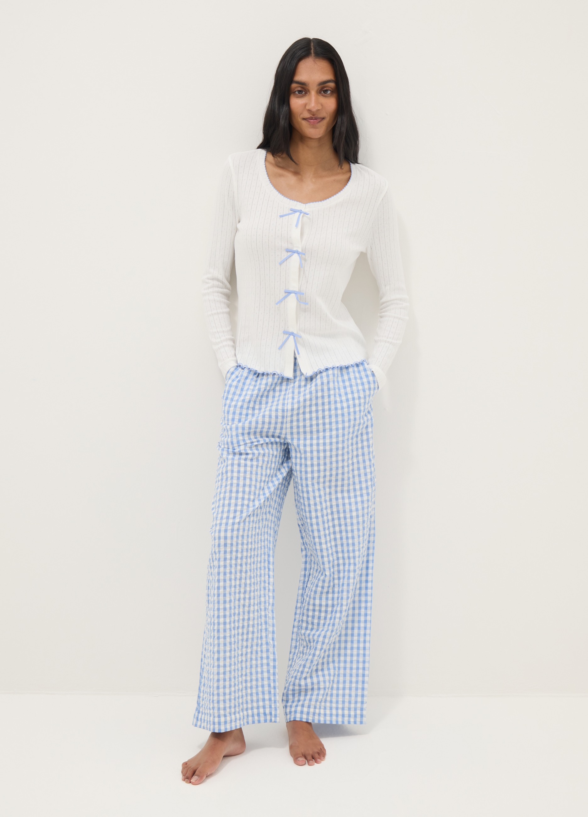 Pigiama lungo da donna con pantaloni a quadretti e simpatici