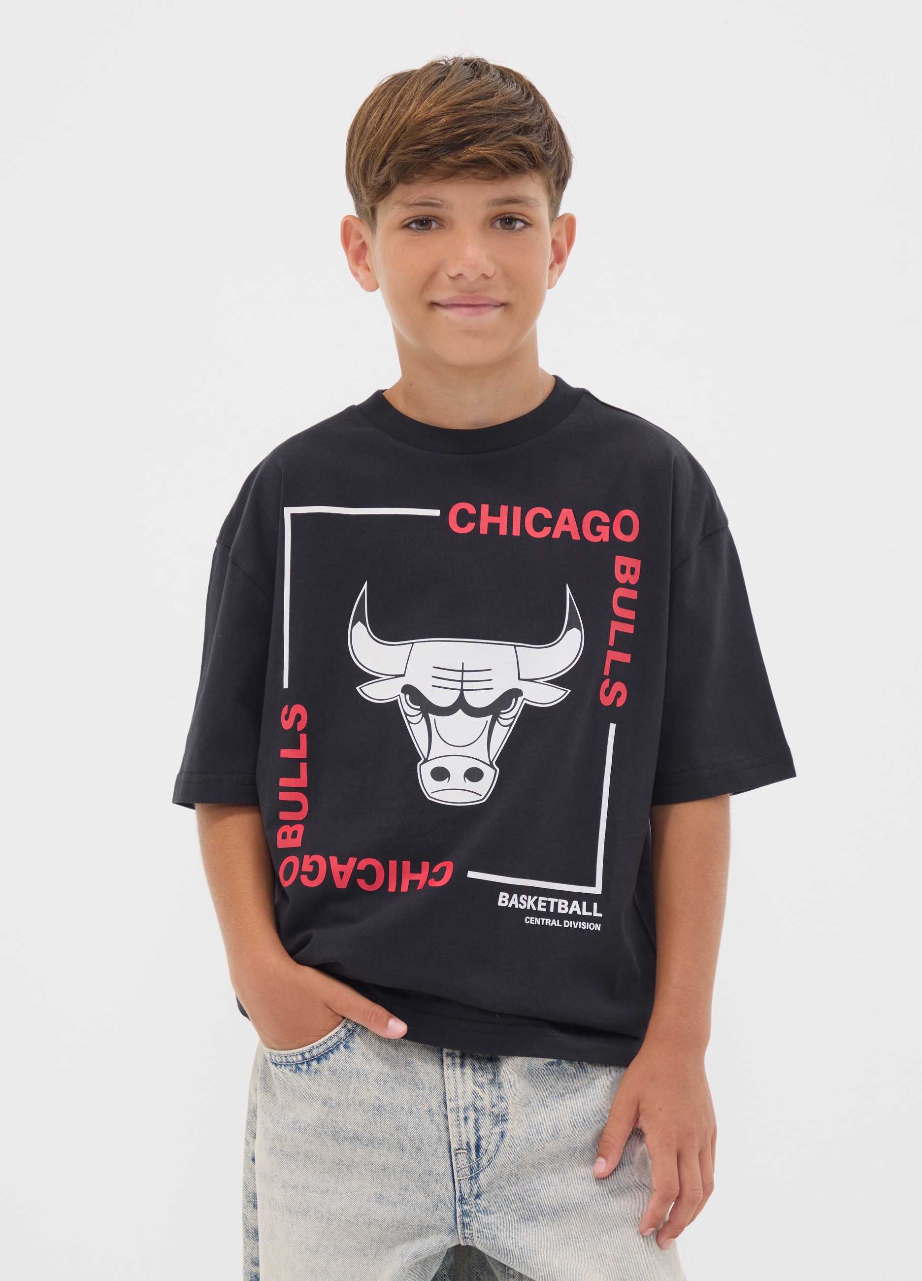 NBA, T-shirt Nera In Puro Cotone Con Stampa Chicago Bulls Per Ragazzo, Bambino, Nero, Taglia: 11-12