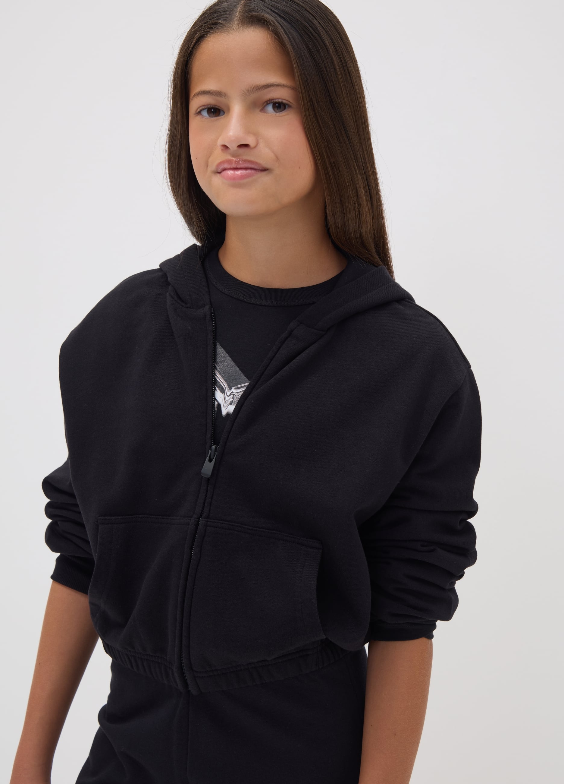 OVS KIDS, Felpa Nera Corta In Puro Cotone Con Cappuccio E Girocollo Per Ragazza, Bambina, Nero, Taglia: 11-12