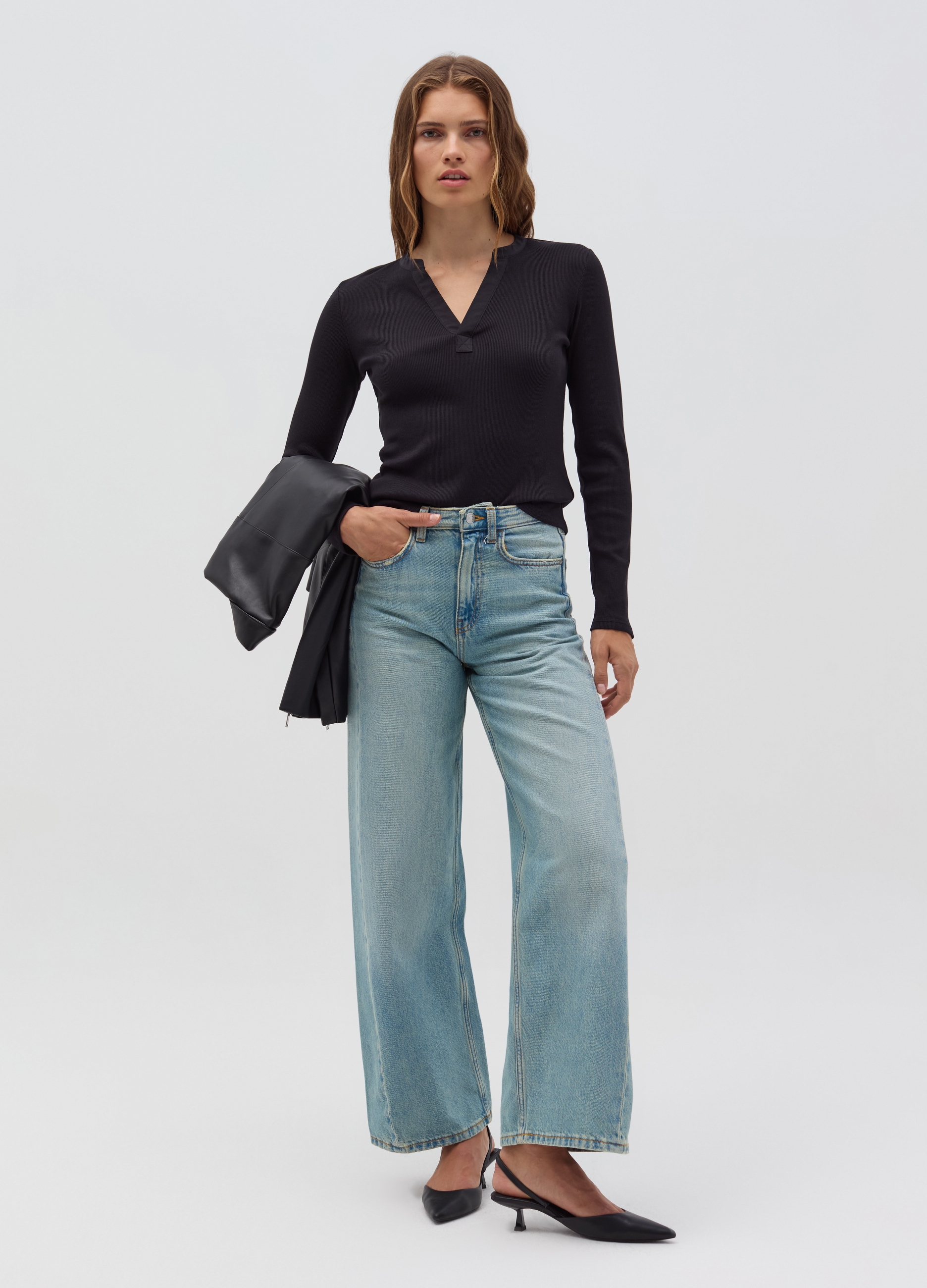 OVS, T-shirt A Costine Sottili Con Scollo A V, Donna, Verde, Taglia: XL