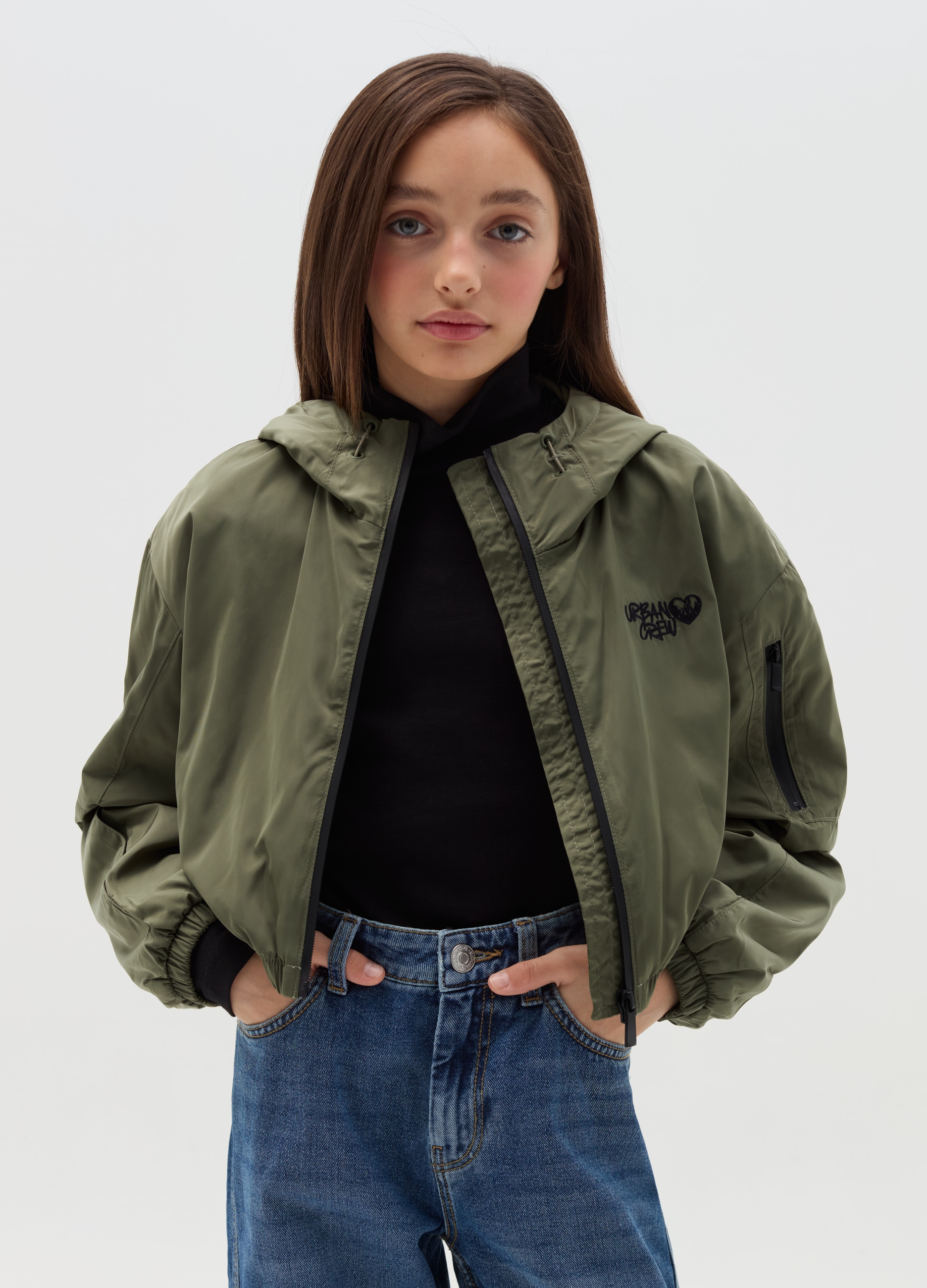OVS KIDS, Giacca Crop Con Ricamo "urban Crew", Bambina, Verde, Taglia: 12-13