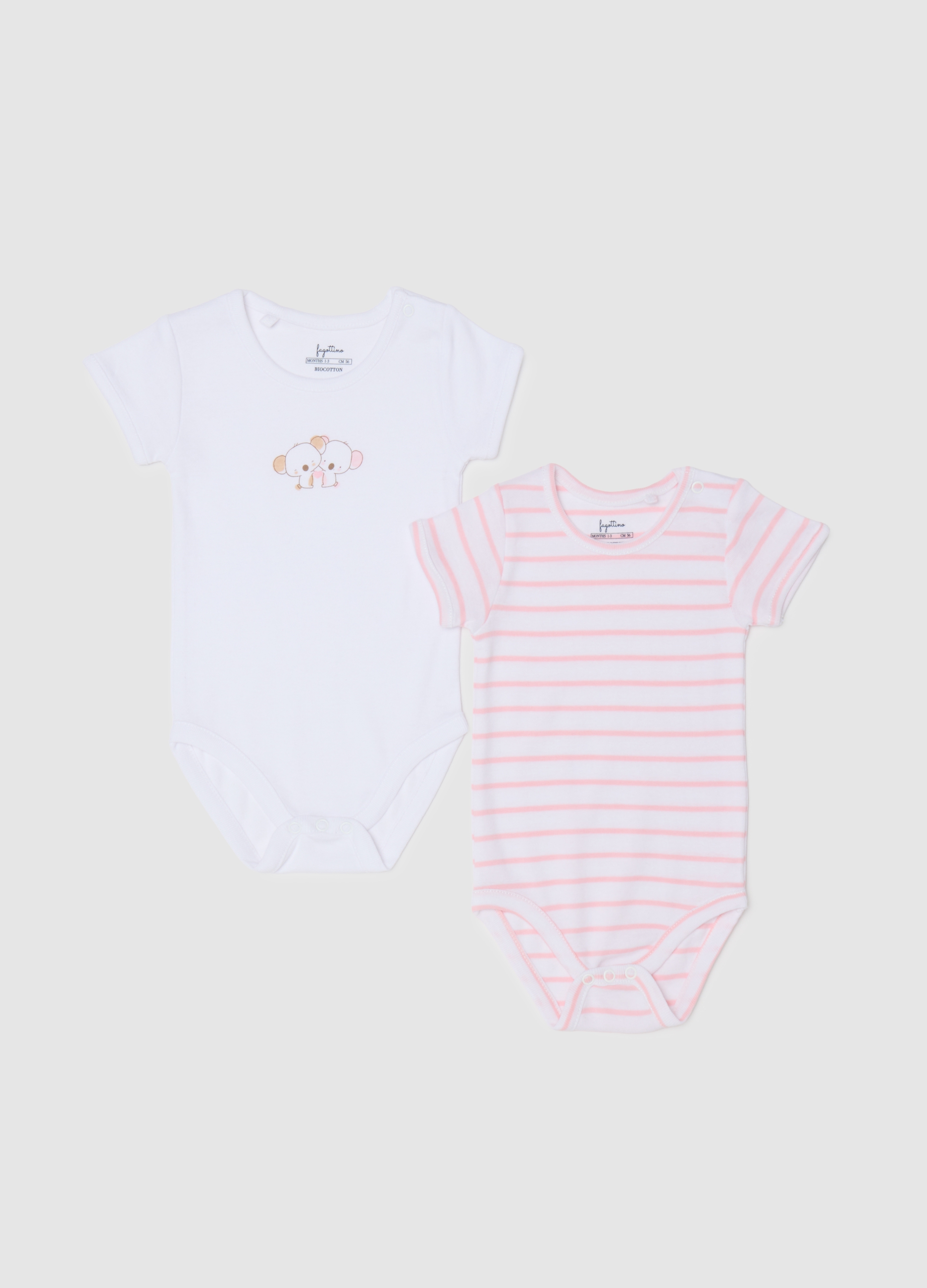 FAGOTTINO, Bipack Di Body Da Neonata In Puro Cotone Bianco E Rosa Con Elefanti, Multicolor, Taglia: 1-3