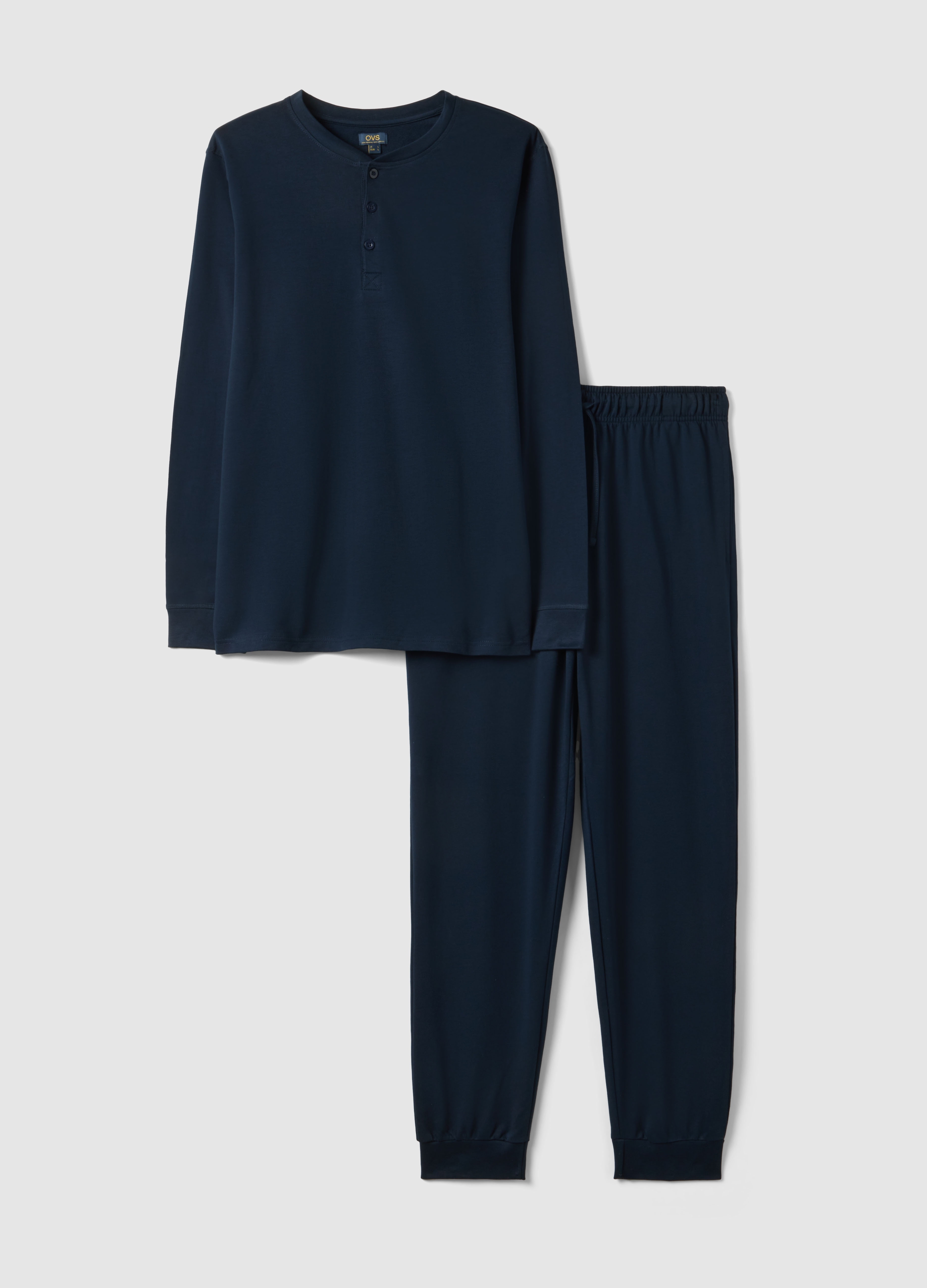 Pijama Largo Azul De Puro Algodón, Ajuste Regular Con Cuello Serafino, Hombre, Azul oscuro, Talla: M