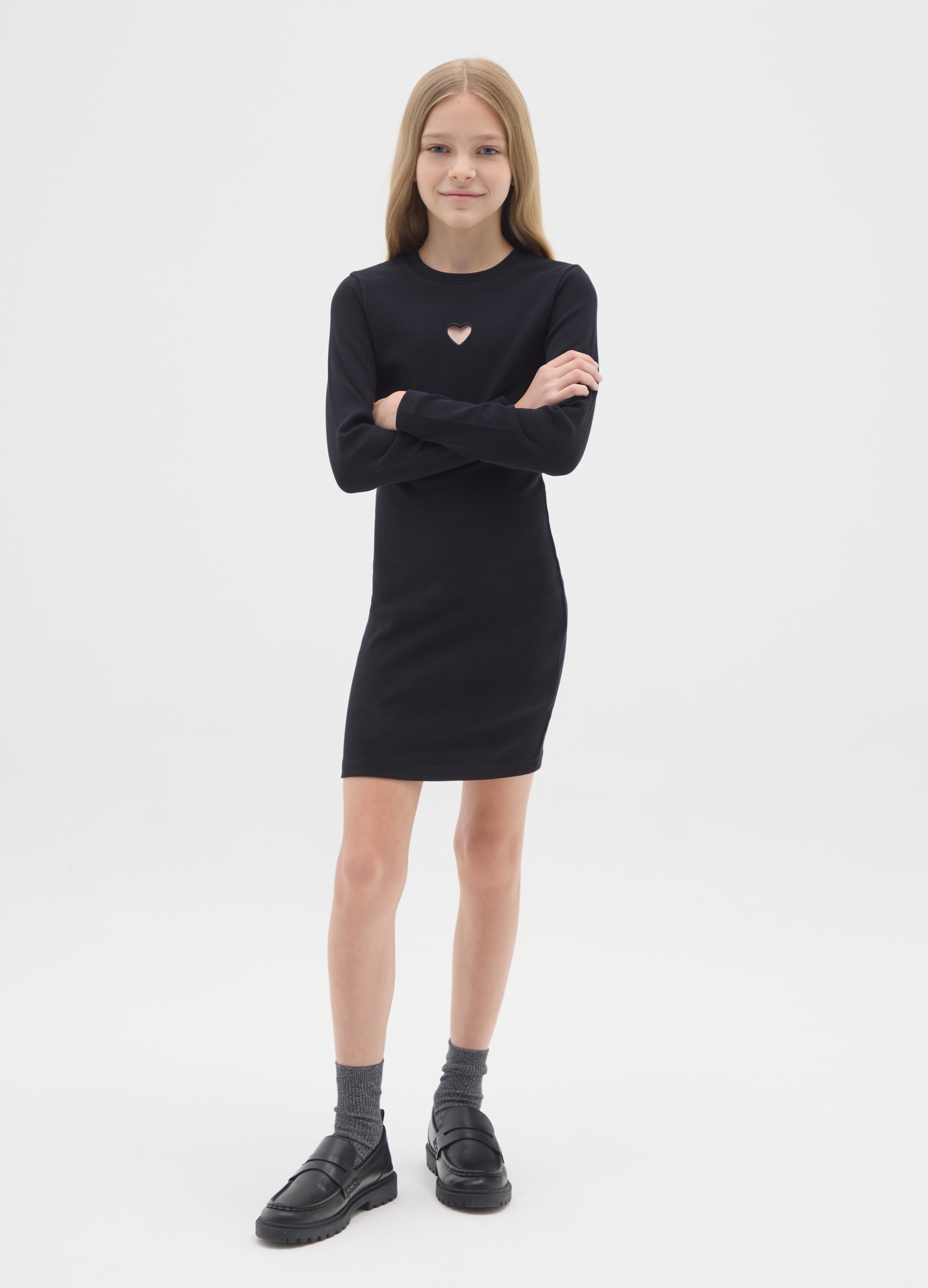 OVS KIDS, Abito Nero Da Ragazza In Cotone Elasticizzato Vestibilità Fitted Con Cuore, Bambina, Nero, Taglia: 11-12
