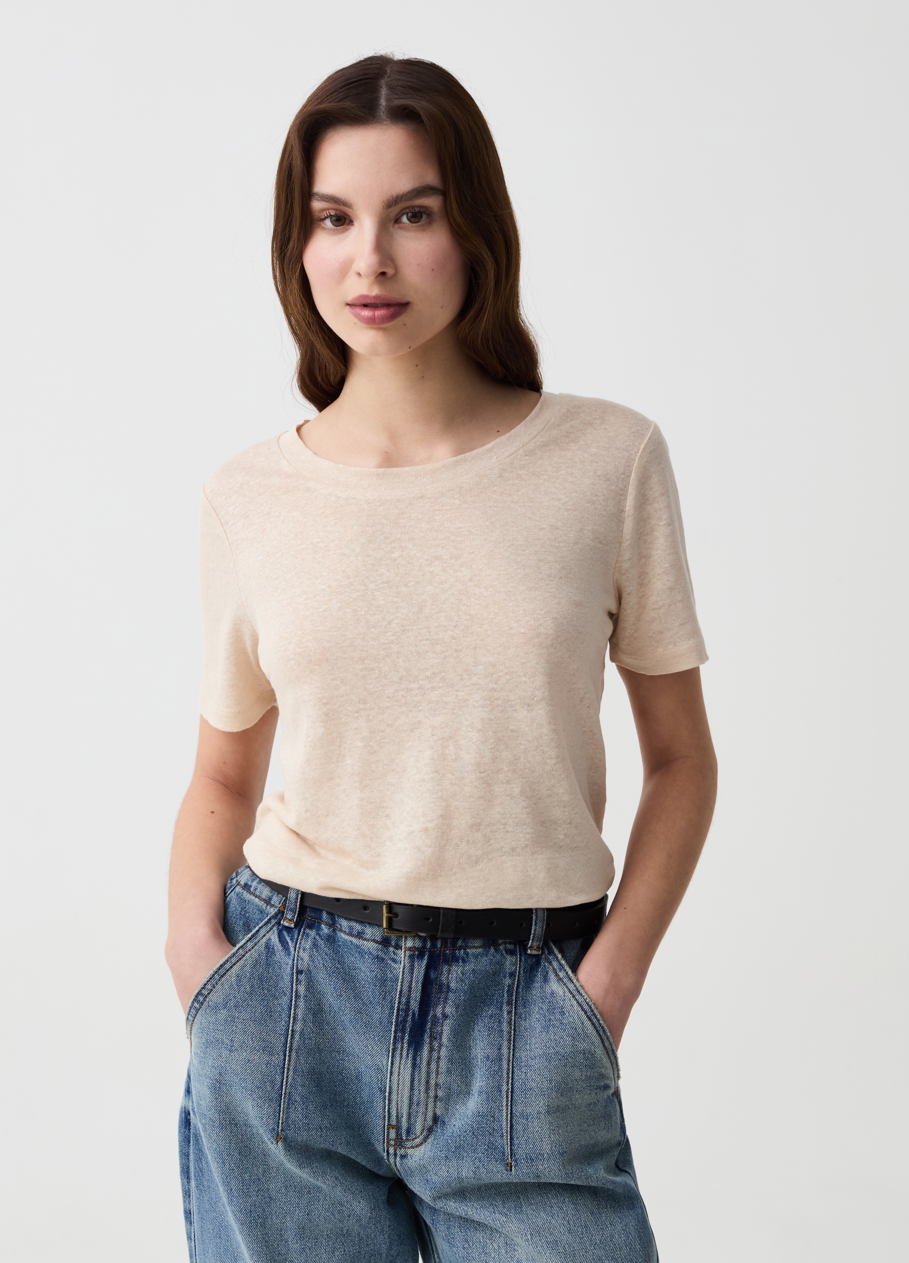 OVS , T-shirt In Lino Con Scollo Rotondo, Donna, Beige, Taglia: S