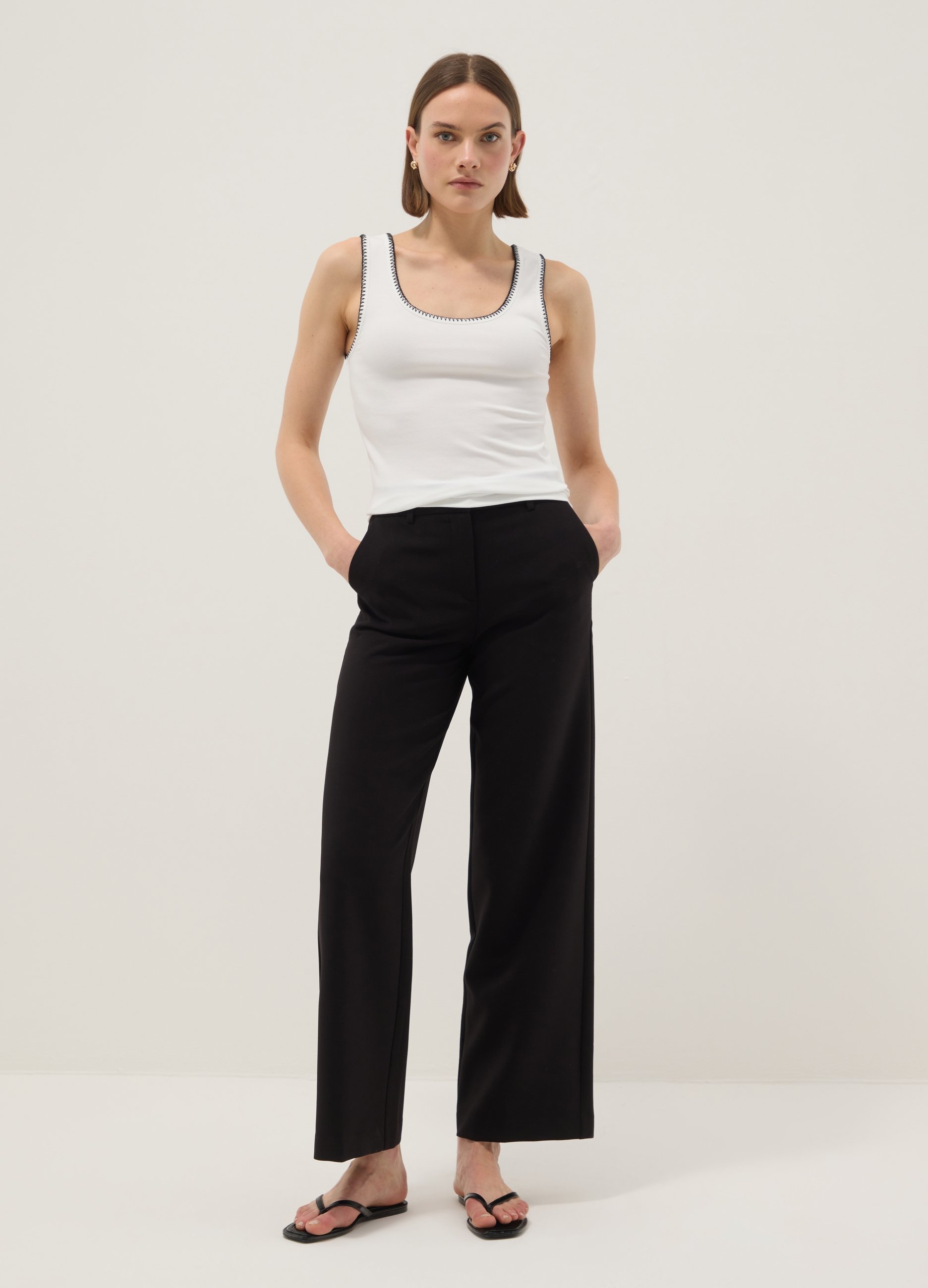 Camiseta De Tirantes Blanca De Algodón Elástico Con Detalle A Contraste, Corte Regular, Mujer, Blanco, Talla: 42