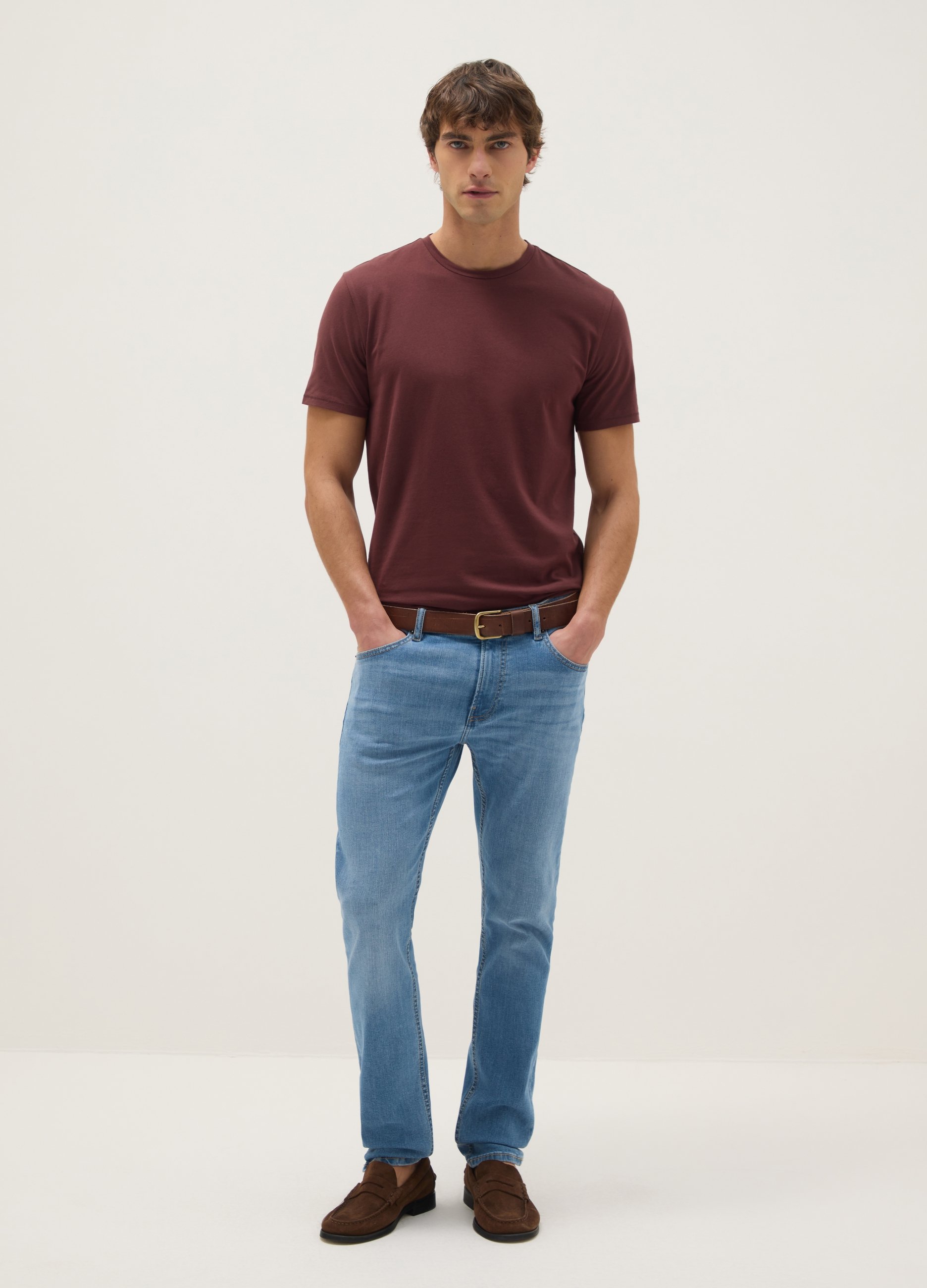 Camiseta Roja Ajustada De Algodón Elástico, Hombre, Rojo Oscuro, Talla: L