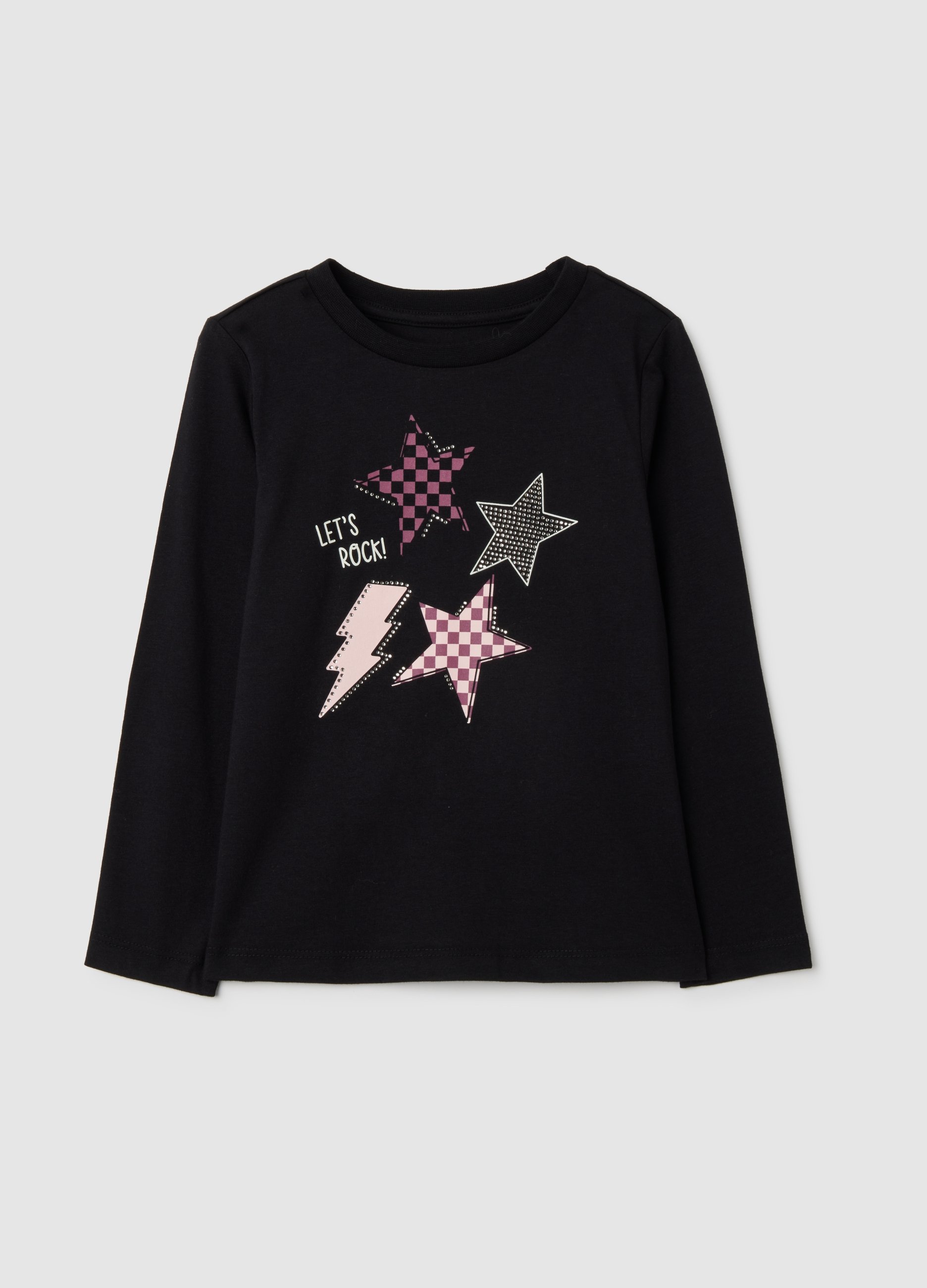 OVS, Maglietta Da Bambina In Puro Cotone Nero Regular Fit Con Stelle, Nero, Taglia: 3-4