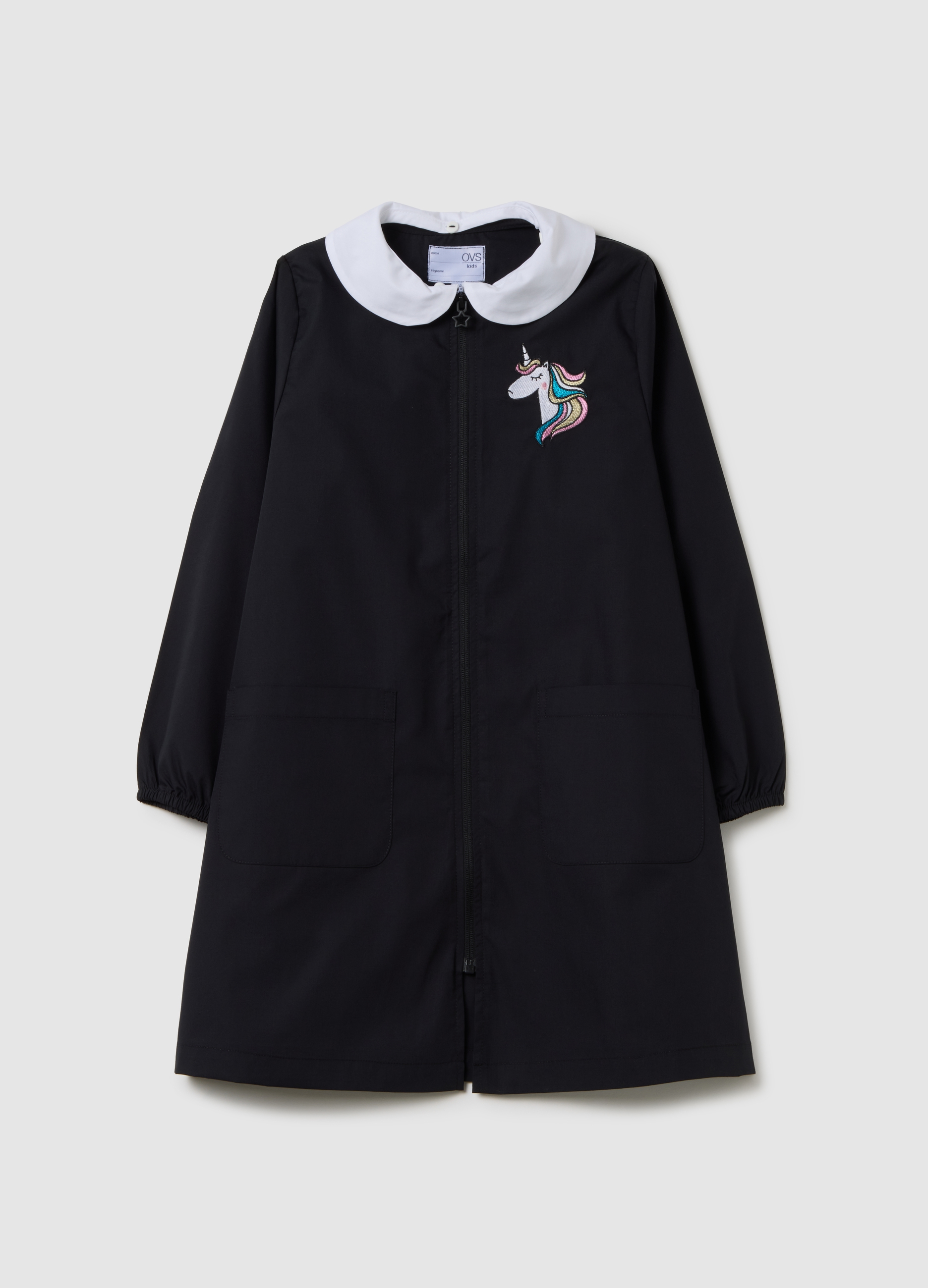 OVS, Grembiule Scolastico Da Bambina In Misto Cotone Nero Con Ricamo Unicorno, Multicolor, Taglia: 5-6