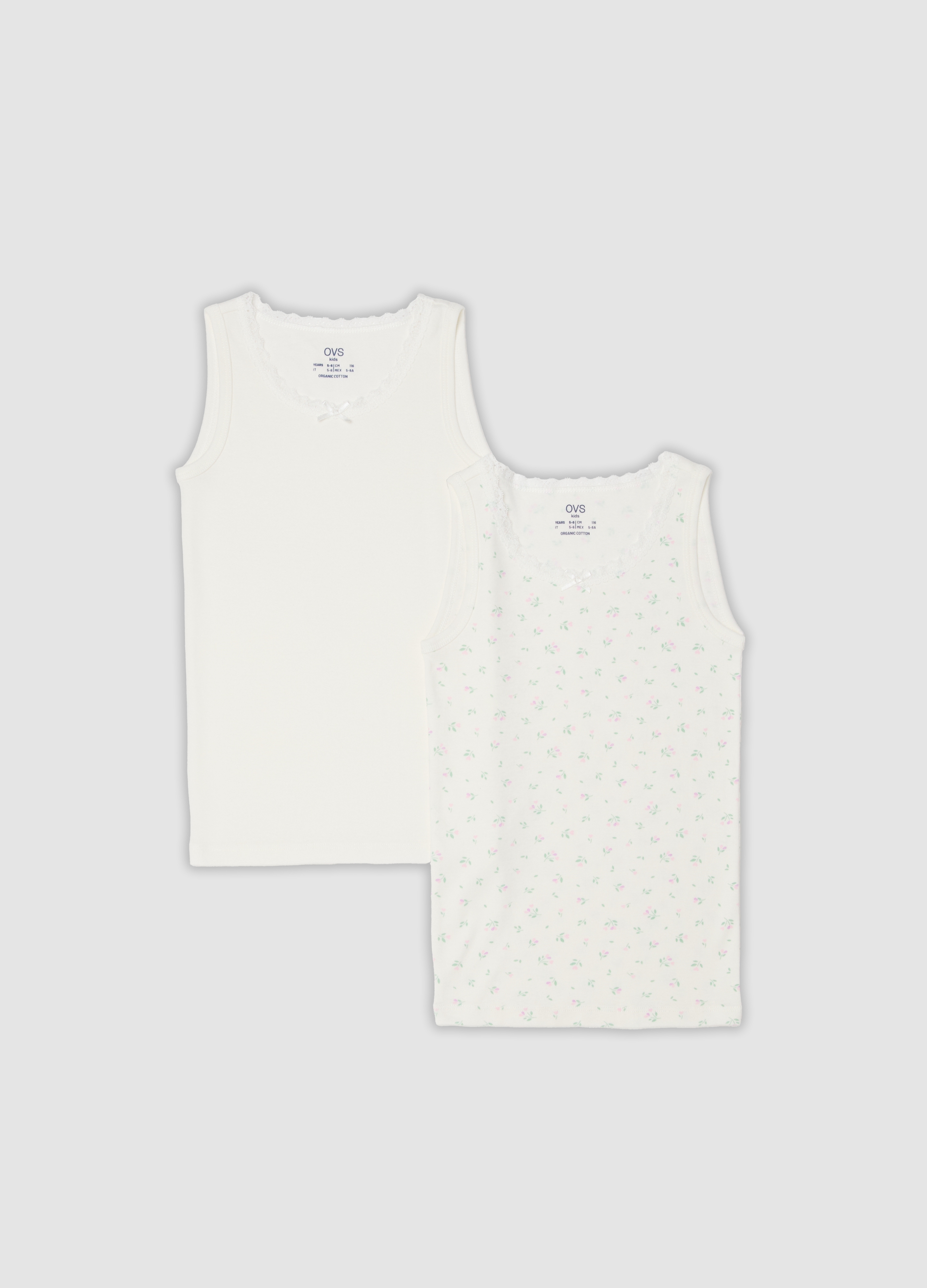 OVS KIDS, Bipack Canotte Bianche In Puro Cotone Organico Con Fantasia Per Bambina, Bianco, Taglia: 7-8