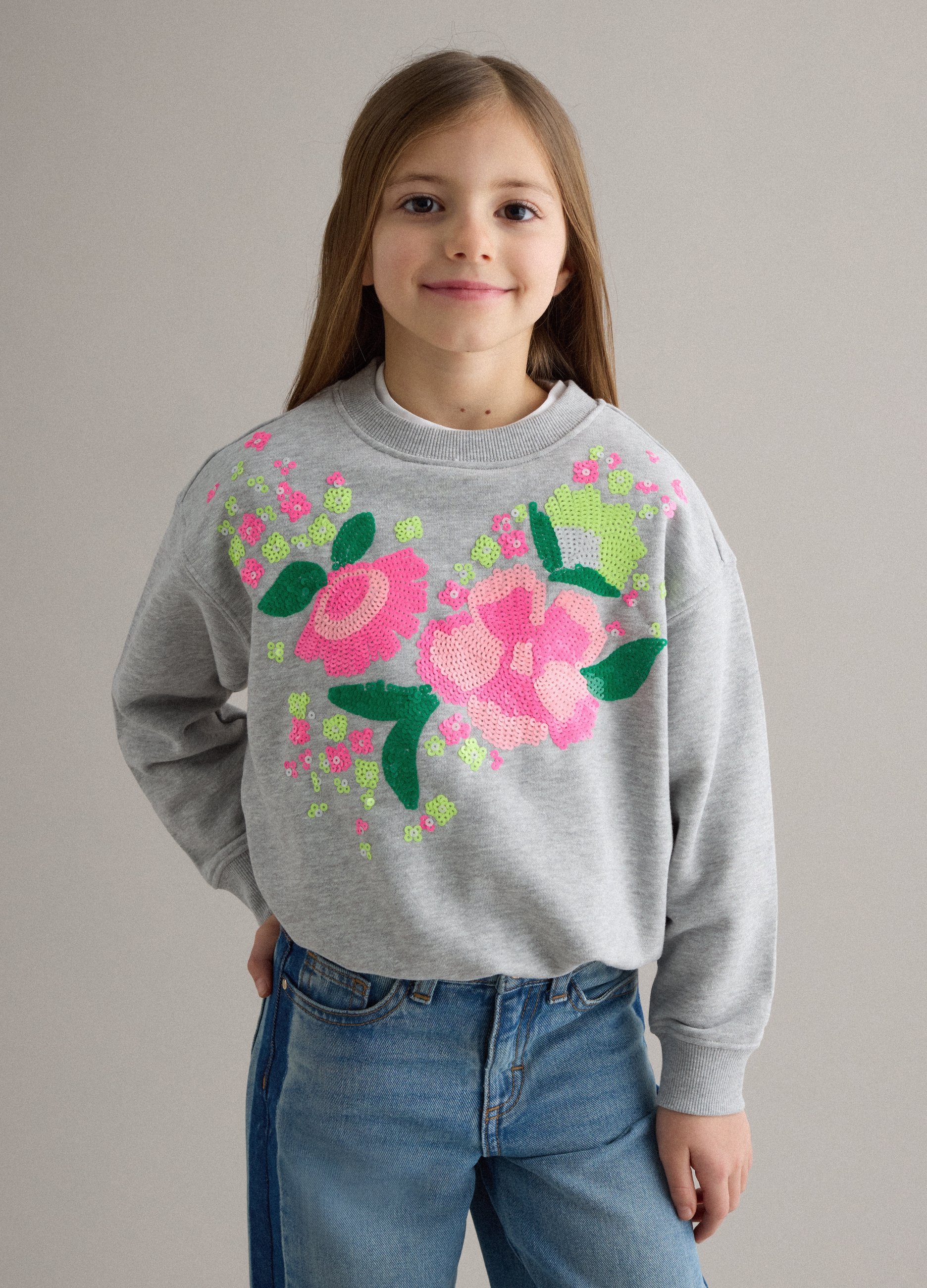 PIOMBO KIDS, Sudadera Gris De Mezcla De Algodón Para Niña, Ajuste Regular Con Flores, Niña, Gris claro jaspeado, Talla: 8