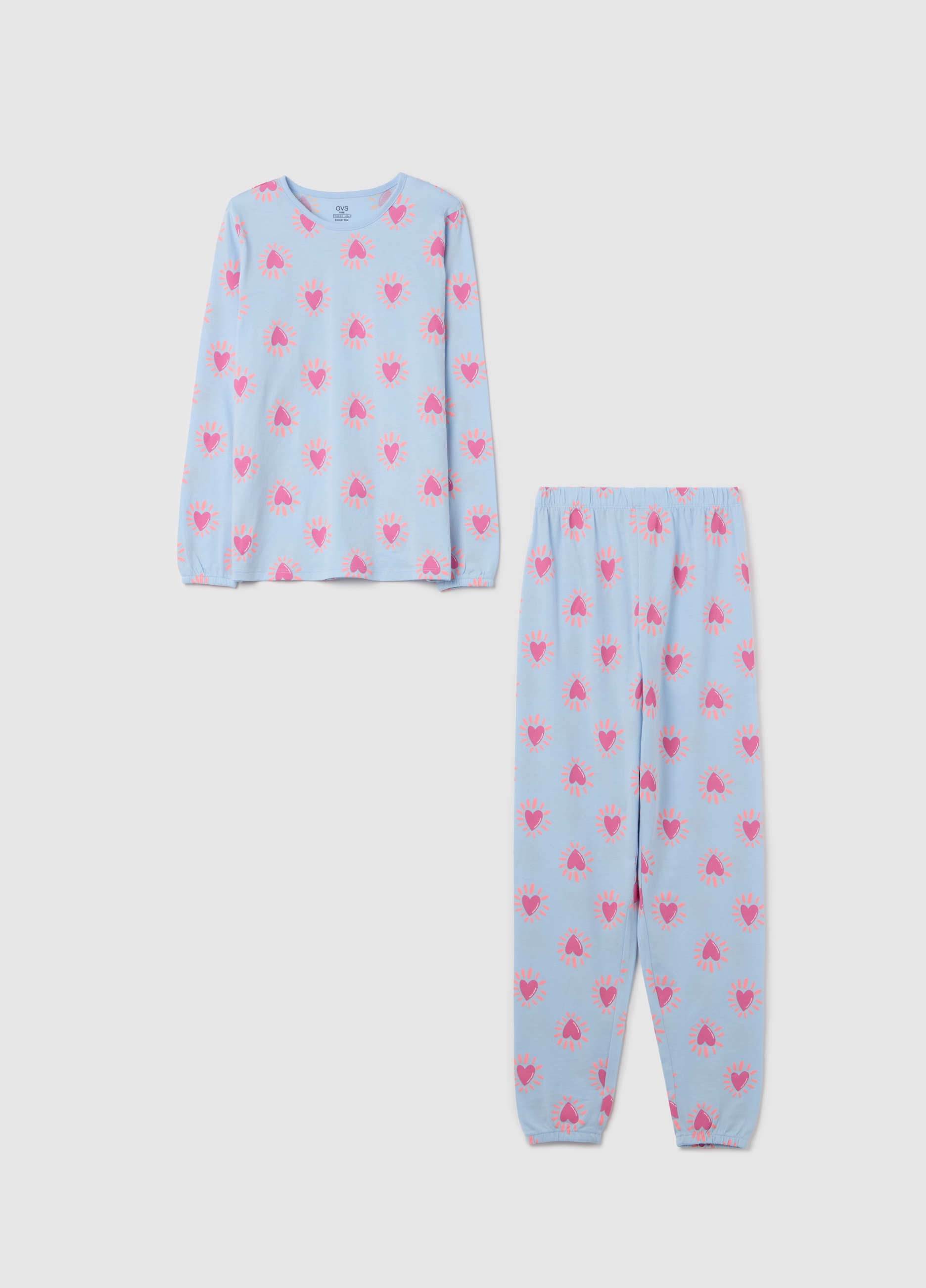 OVS, Pigiama In Cotone Bio Con Stampa Cuori, Bambina, Azzurro, Taglia: 10-11