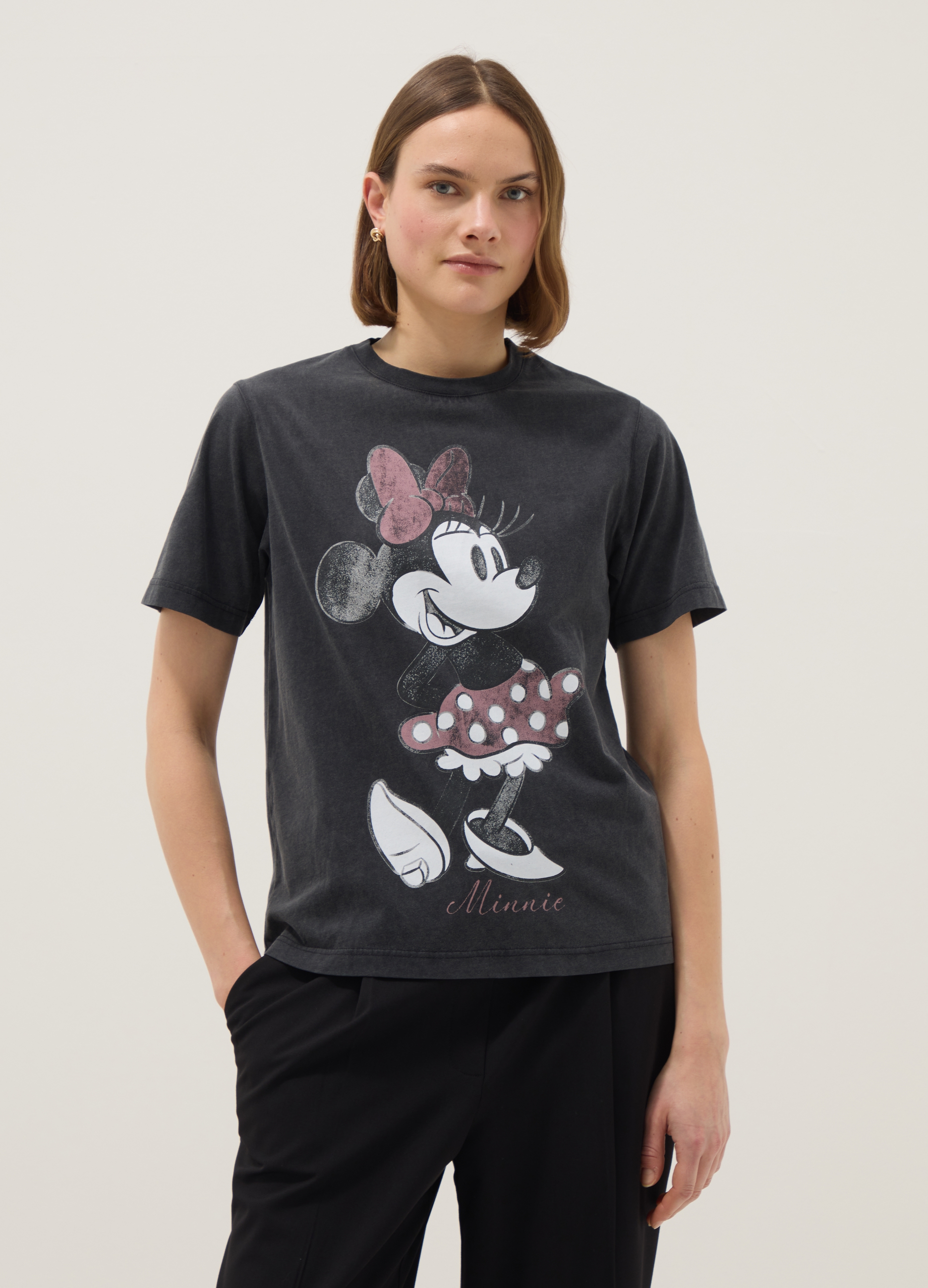 DISNEY, T-shirt In Puro Cotone Grigio Regular Fit Con Stampa Minnie, Donna, Grigio, Taglia: S