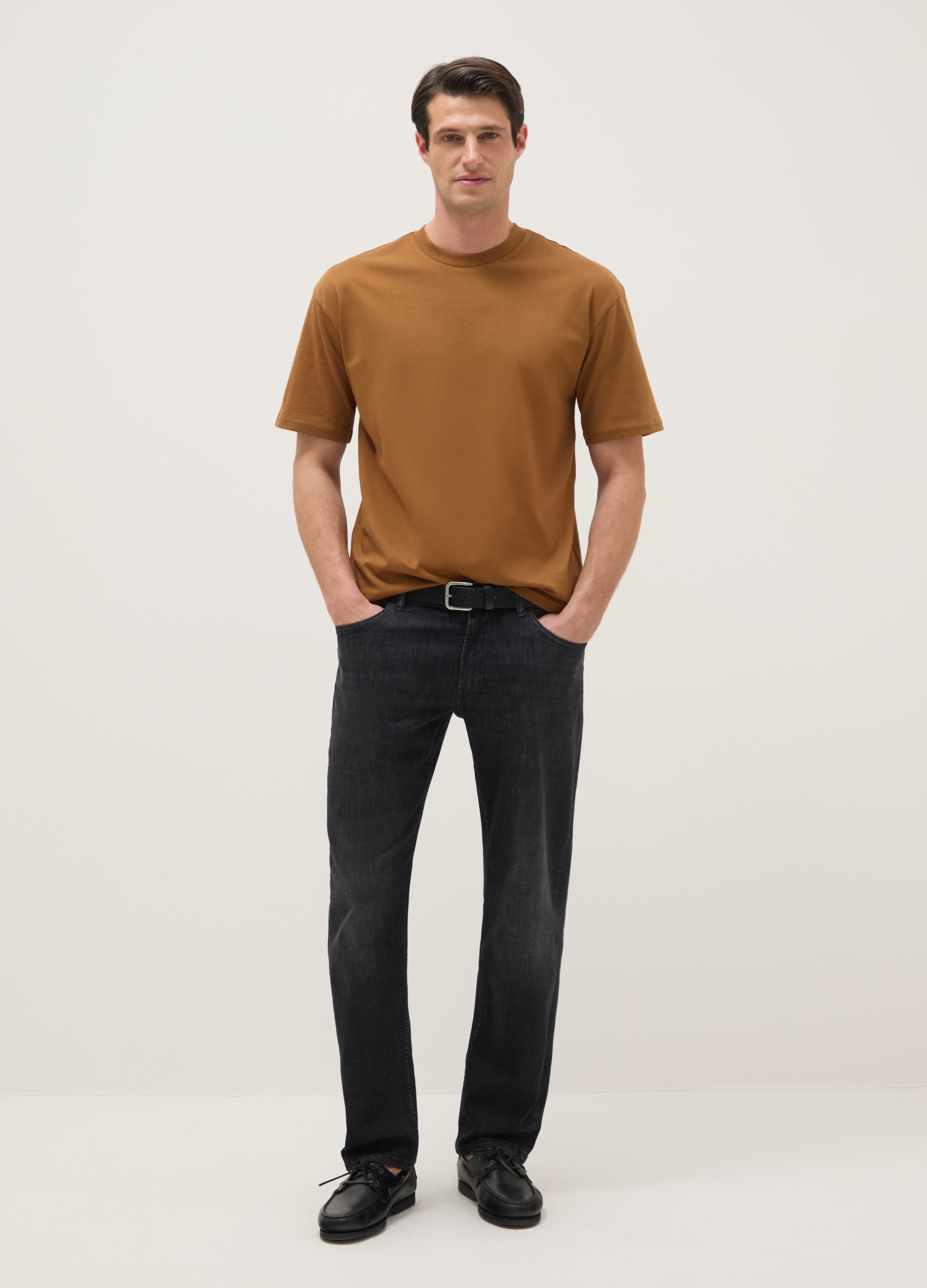 Camiseta Marrón De Algodón Puro Corte Relajado, Hombre, Marrón claro, Talla: S