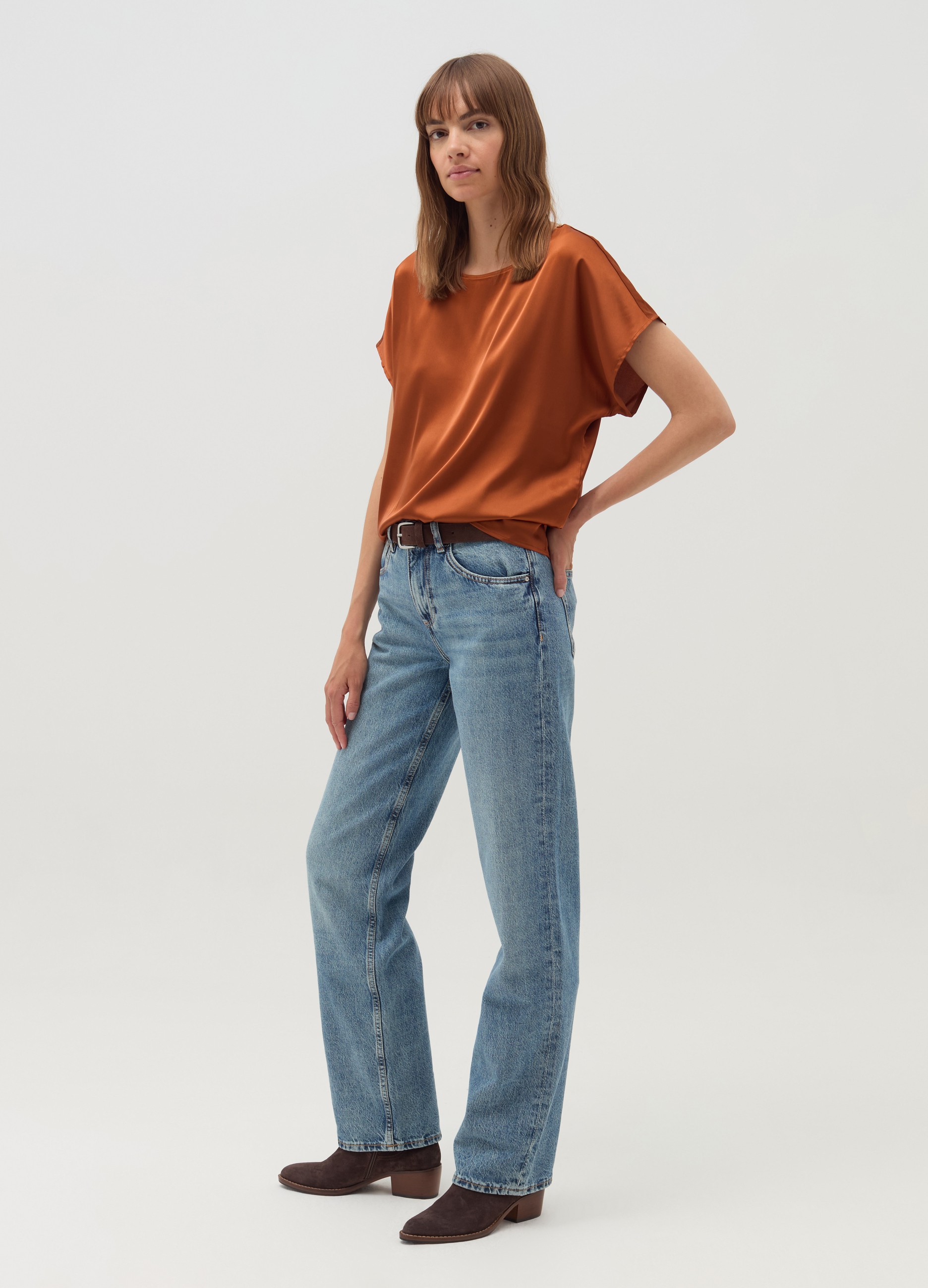 Blusa De Satén Con Manga Kimono, Mujer, Marrón Bronce, Talla: XXL