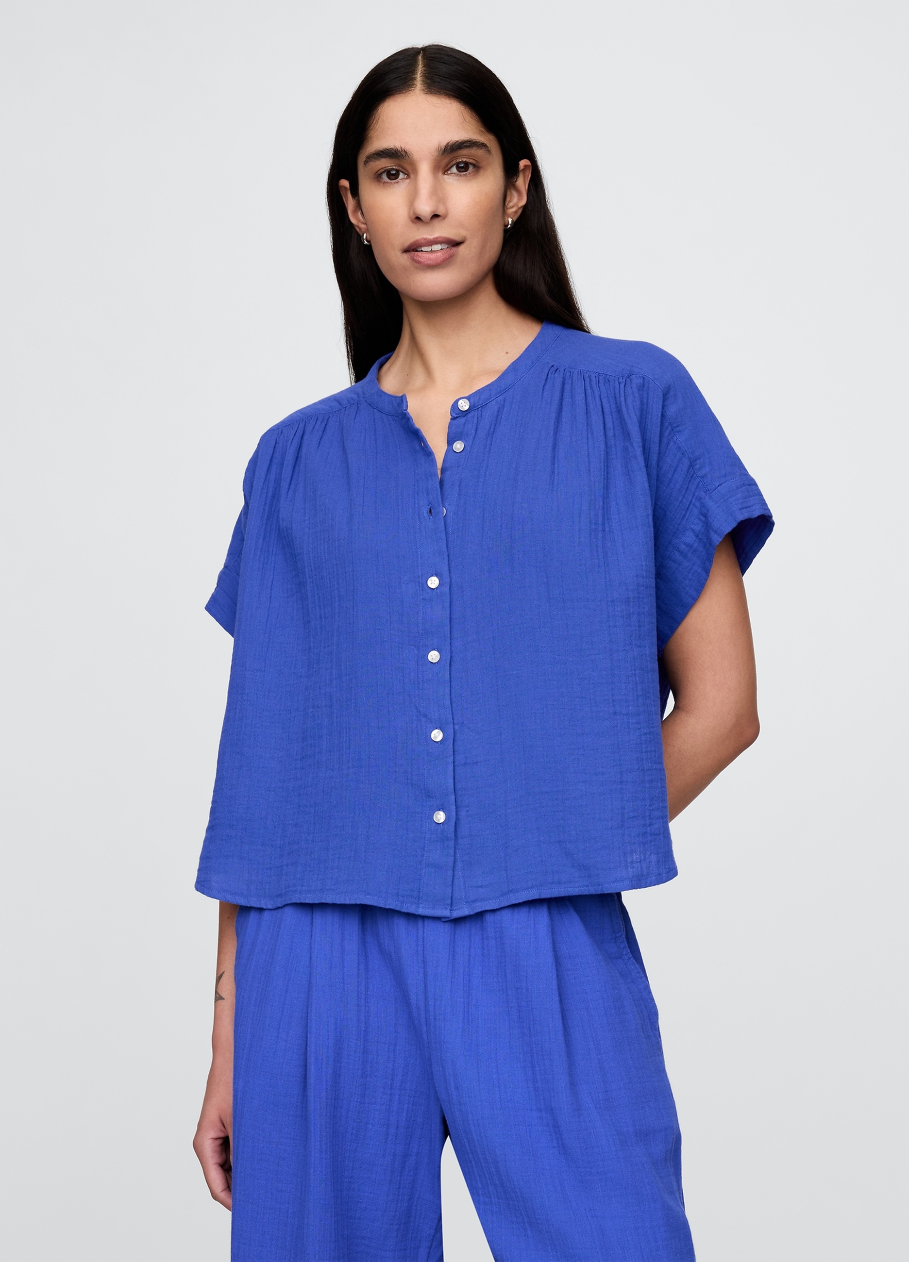 GAP, Blusa Blu In Misto Cotone E Viscosa Con Maniche Corte, Donna, , Taglia: S