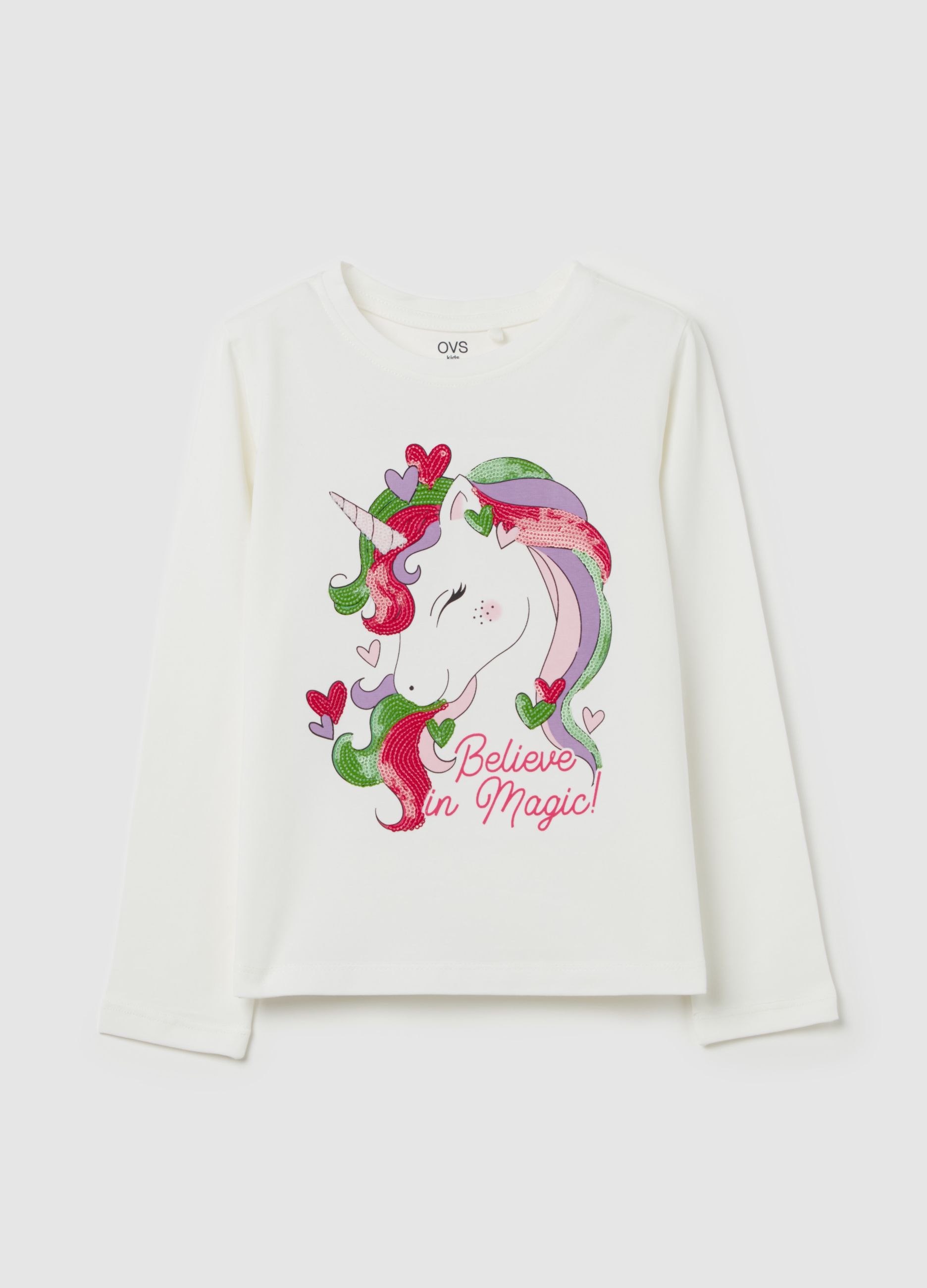 OVS KIDS, T-shirt Maniche Lunghe Unicorno "believe In Magic", Bambina, Bianco, Taglia: 3-4