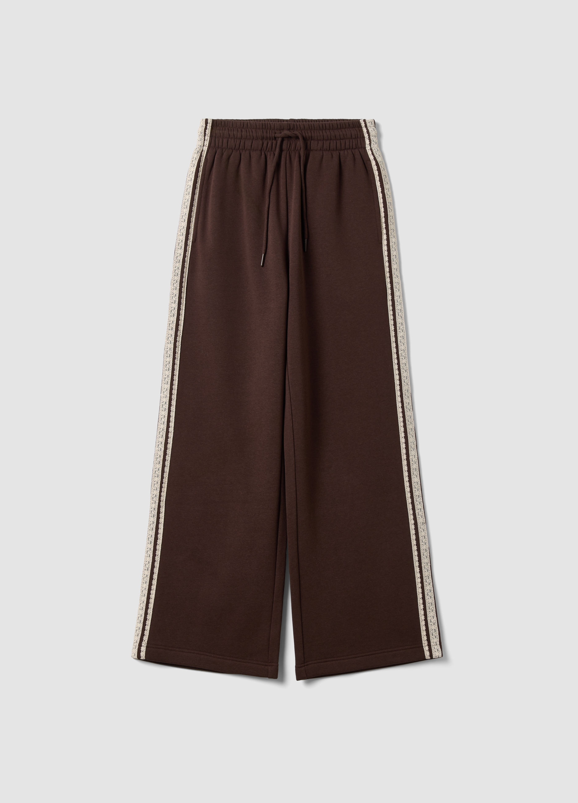 B.ANGEL, Pantaloni Marroni In Misto Cotone Wide Leg Con Ricami In Pizzo, Donna, Marrone, Taglia: XS