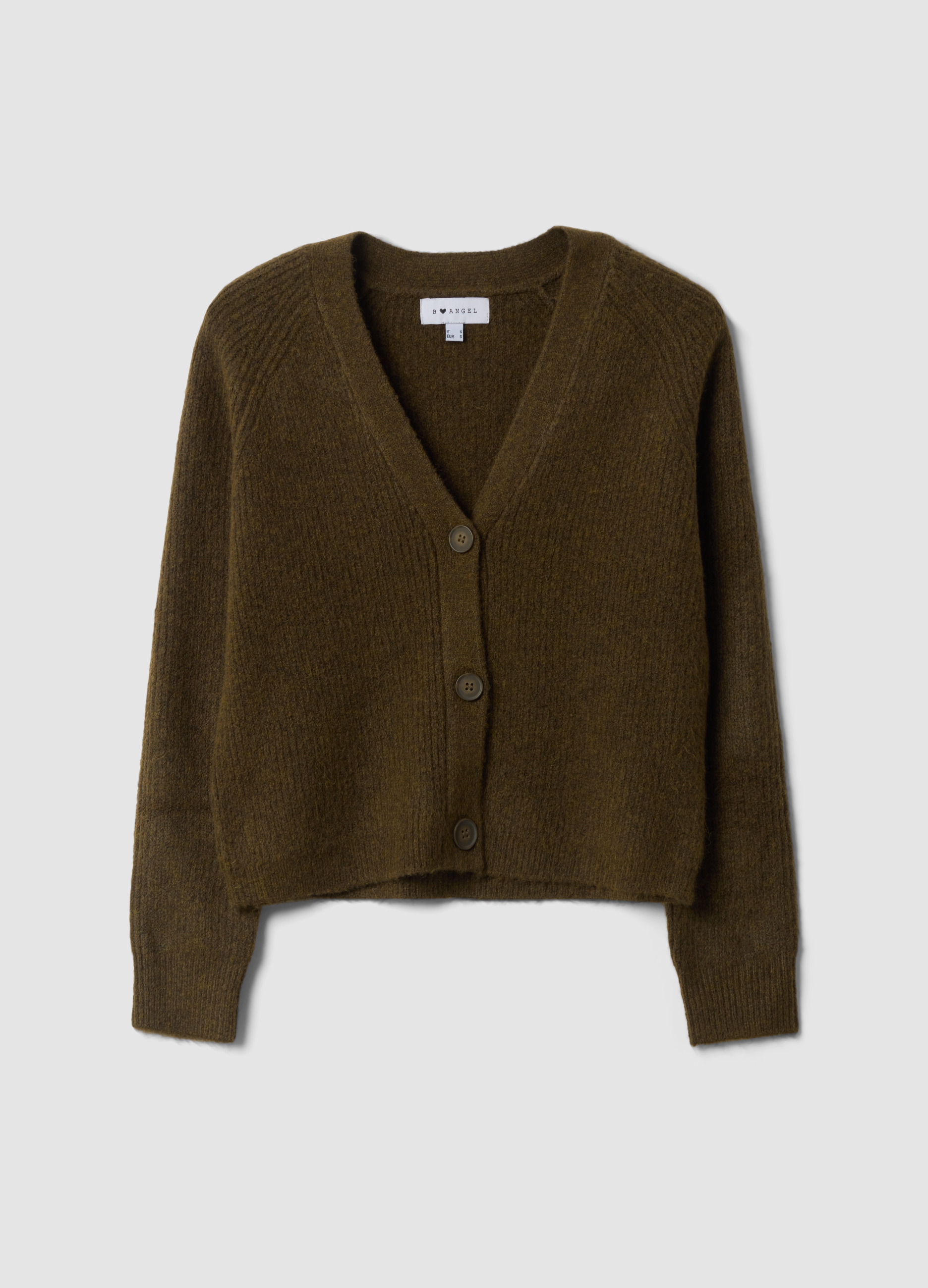 B.ANGEL, Cardigan Verde In Lana Elasticizzata Con Scollo Profondo A V Over Fit, Donna, Verde, Taglia: XS