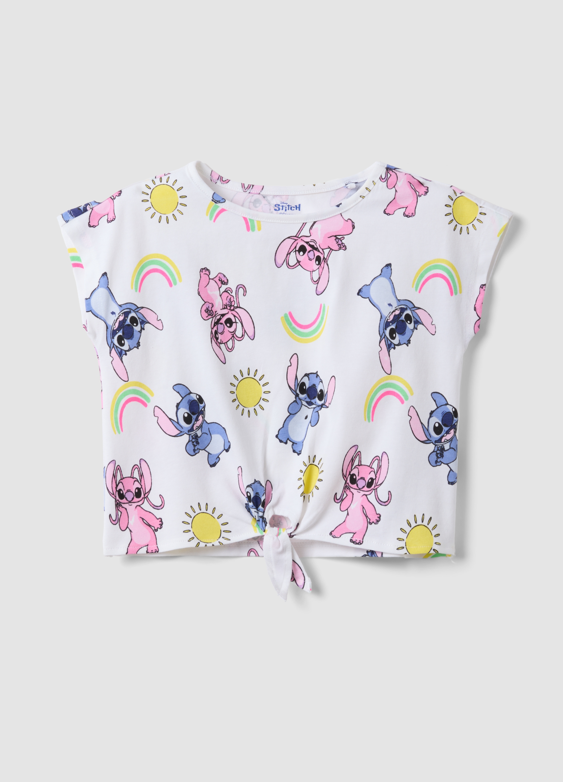 DISNEY, T-shirt Bianca In Cotone Elasticizzato Da Bambina Con Stampa Stitch, Bianco, Taglia: 6-7