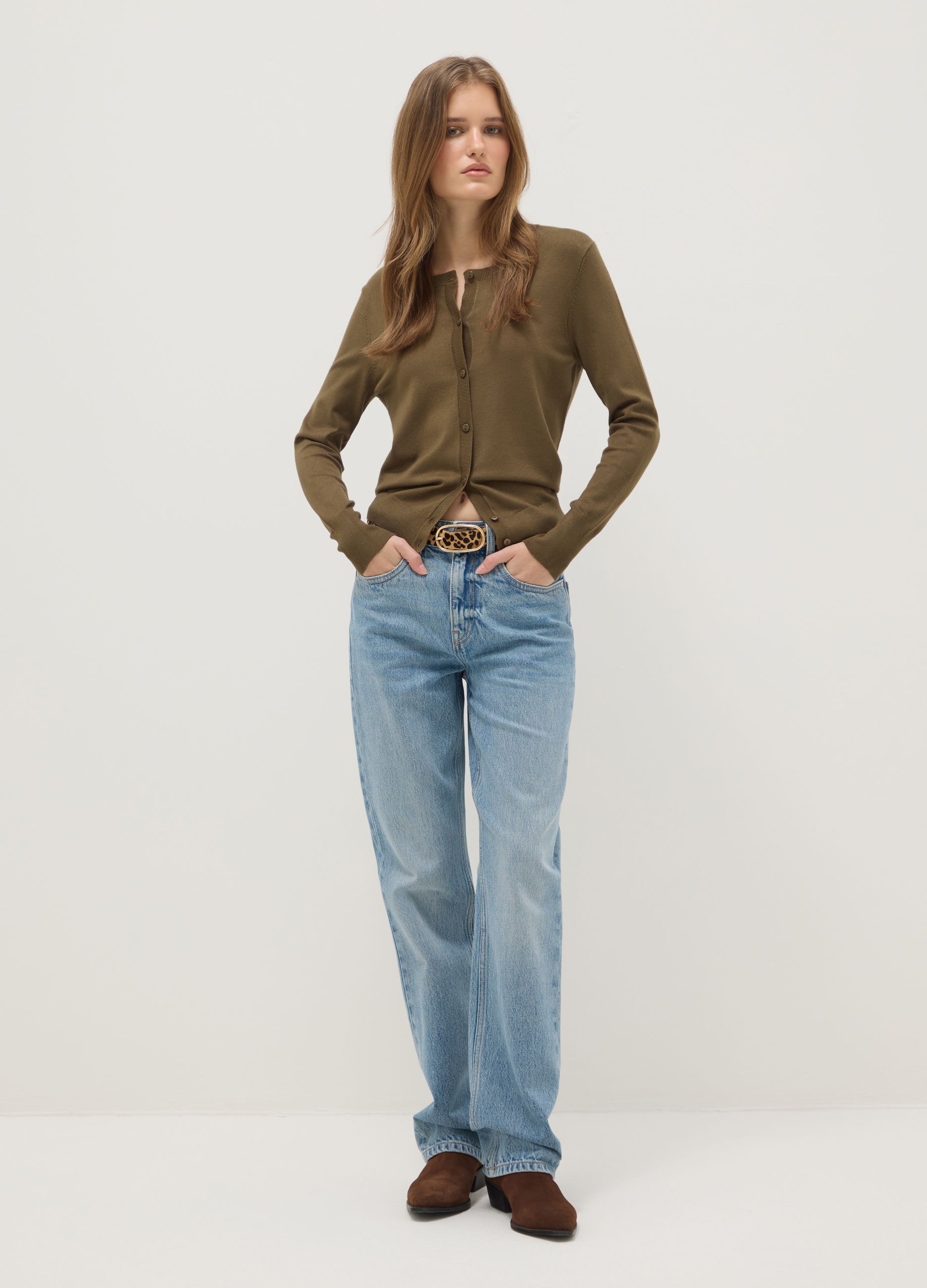 Cárdigan Verde Con Cuello Redondo Ajuste Regular, Mujer, Verde oscuro, Talla: 36