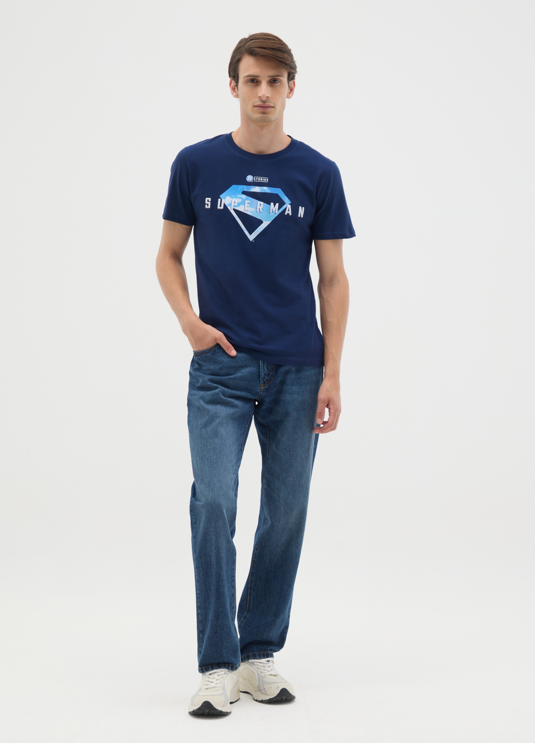 WARNER BROS, T-shirt Da Uomo In Puro Cotone Blu Con Logo Superman, Blu, Taglia: M