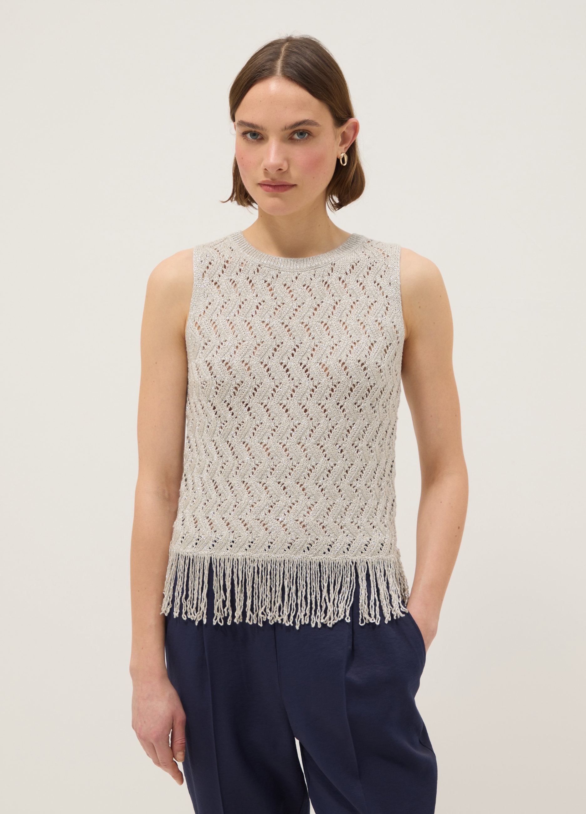 Top Perforado En Mezcla De Viscosa Beige Regular Fit Con Flecos, Mujer, Marrón crudo, Talla: 36