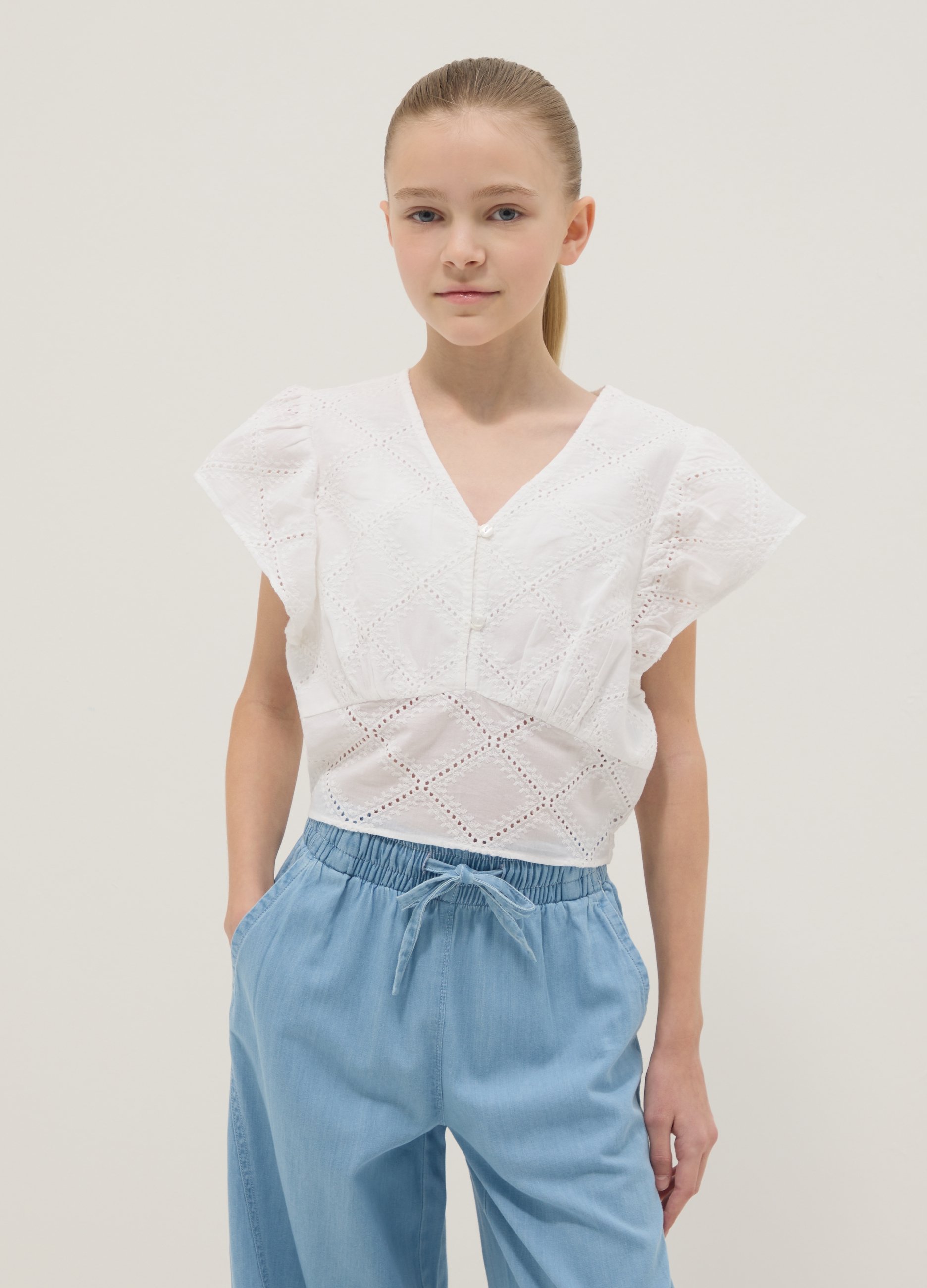 OVS KIDS, Camicia A Maniche Corte In Puro Cotone Bianca Da Ragazza Regular Fit, Bambina, Bianco, Taglia: 14-15