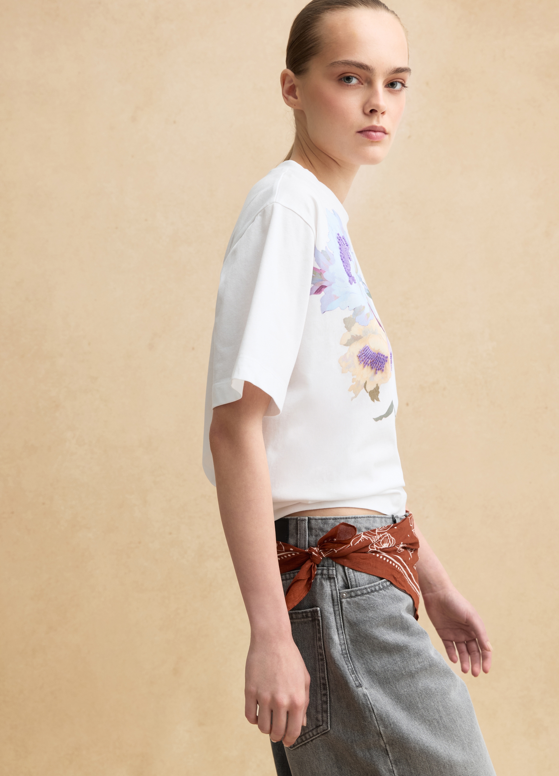 LES COPAINS, Camiseta Multicolor De Algodón Puro De Ajuste Regular Con Estampado Floral, Mujer, White/Pink/Blue, Talla: 42