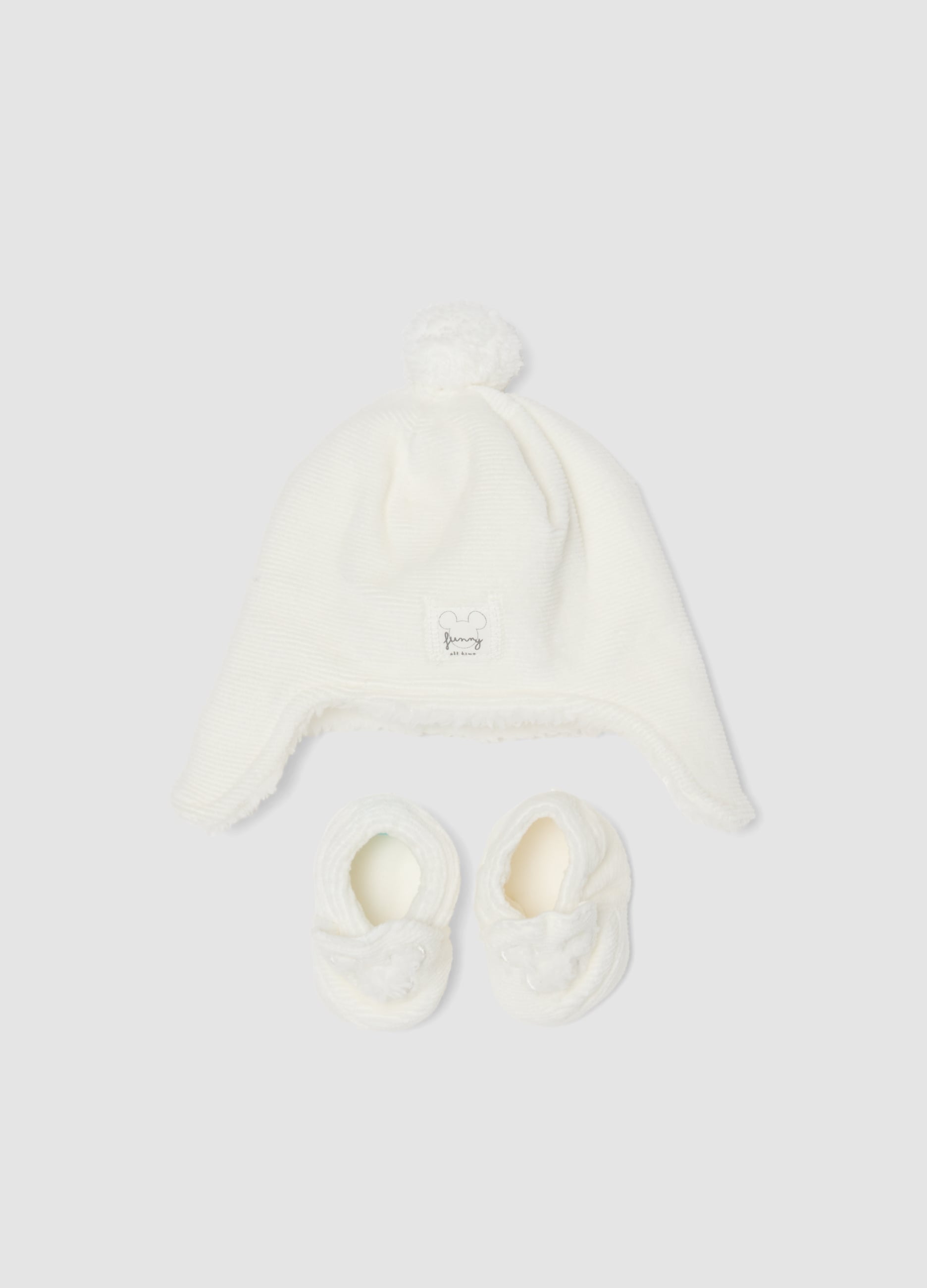 FAGOTTINO, Set Bianco Con Cappello E Scarpine Per Neonato Con Stampa Mickey Mouse, Unisex, Bianco, Taglia: ONE SIZE