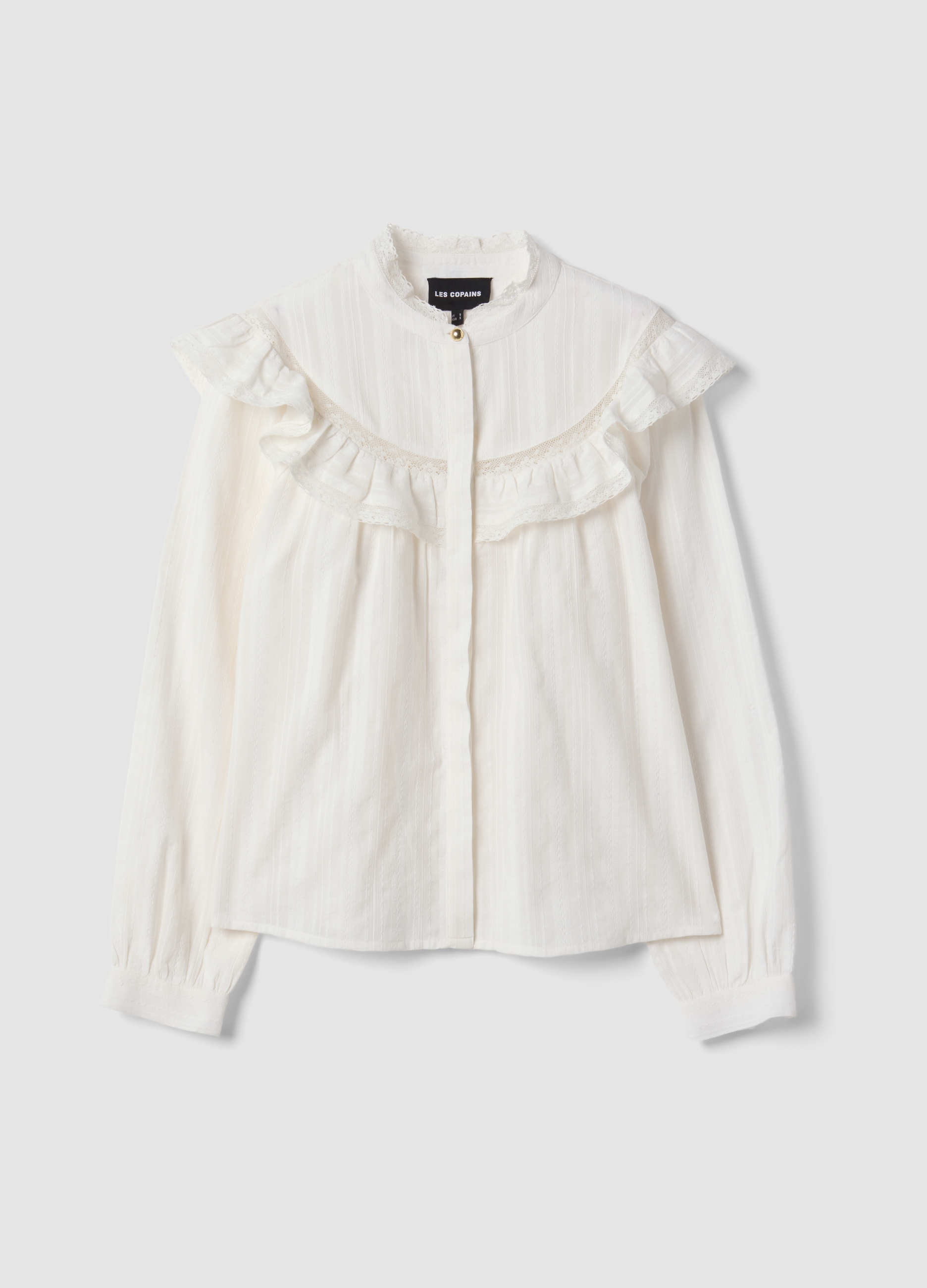 LES COPAINS, Camicia Bianca In Puro Cotone Con Collo Coreano E Volant, Donna, Bianco, Taglia: S