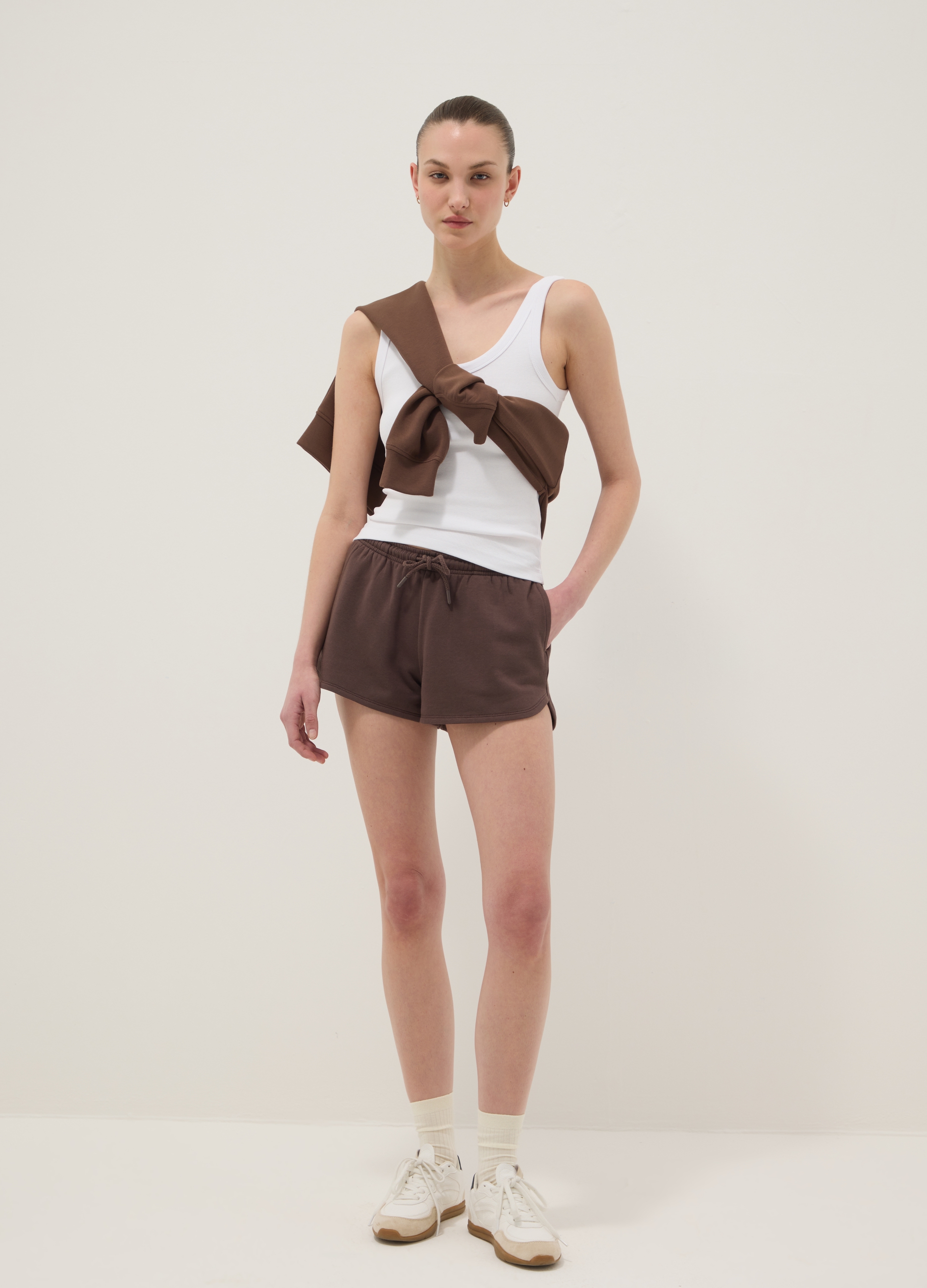 Short Marrón Regular Fit En Mezcla De Algodón Con Cordón, Mujer, Marrón, Talla: 38