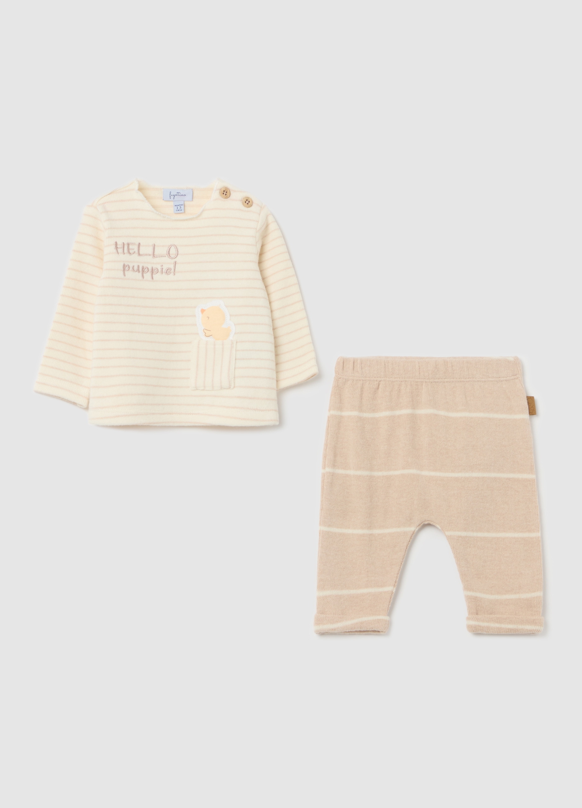 FAGOTTINO, Set T-shirt E Pantaloni In Fantasia A Righe, Unisex, Beige, Taglia: 1-3