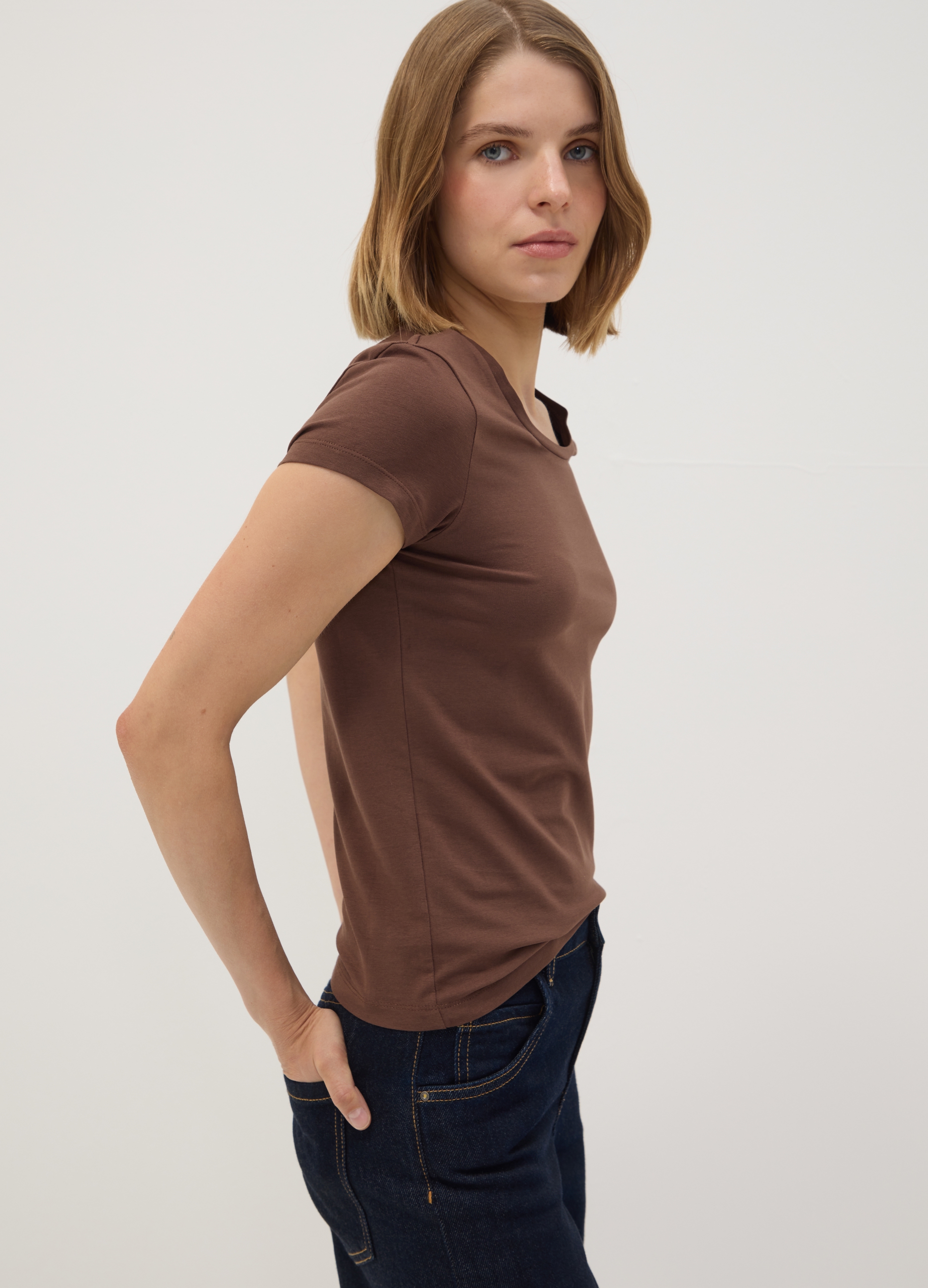 OVS, T-shirt Marrone In Cotone Elasticizzato A Girocollo Regular Fit, Donna, Marrone, Taglia: XXL
