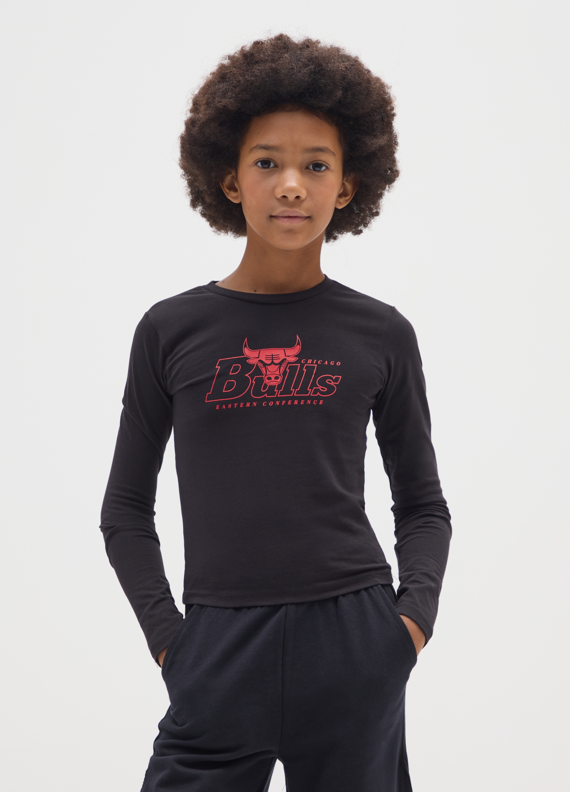 NBA, T-shirt Da Ragazze In Cotone Elasticizzato Nera Slim Fit Con Logo Chicago Bulls, Bambina, Nero, Taglia: 10-11