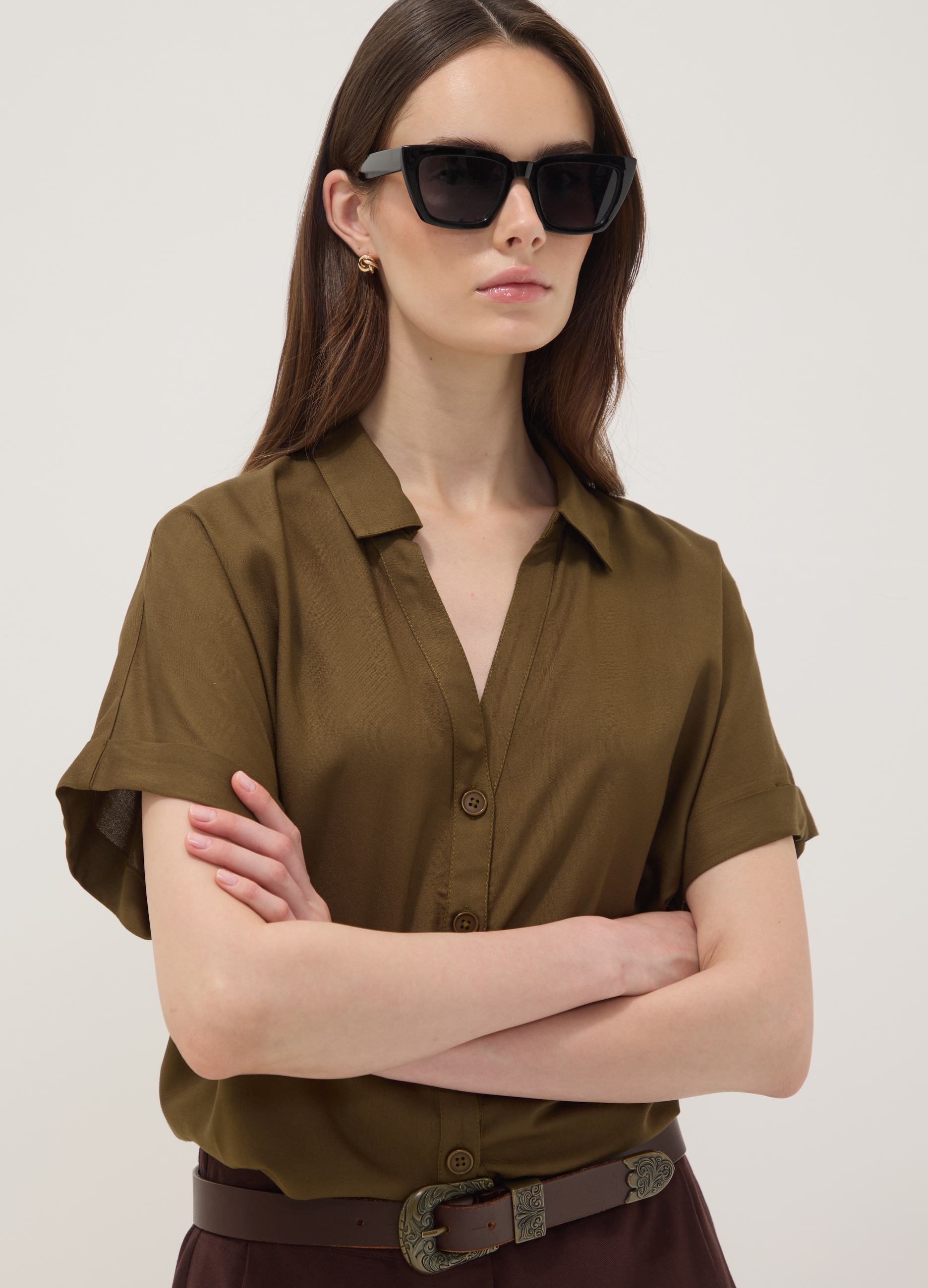 OVS, Camicia Verde In Pura Viscosa A Maniche Corte Over Fit, Donna, Verde, Taglia: XL