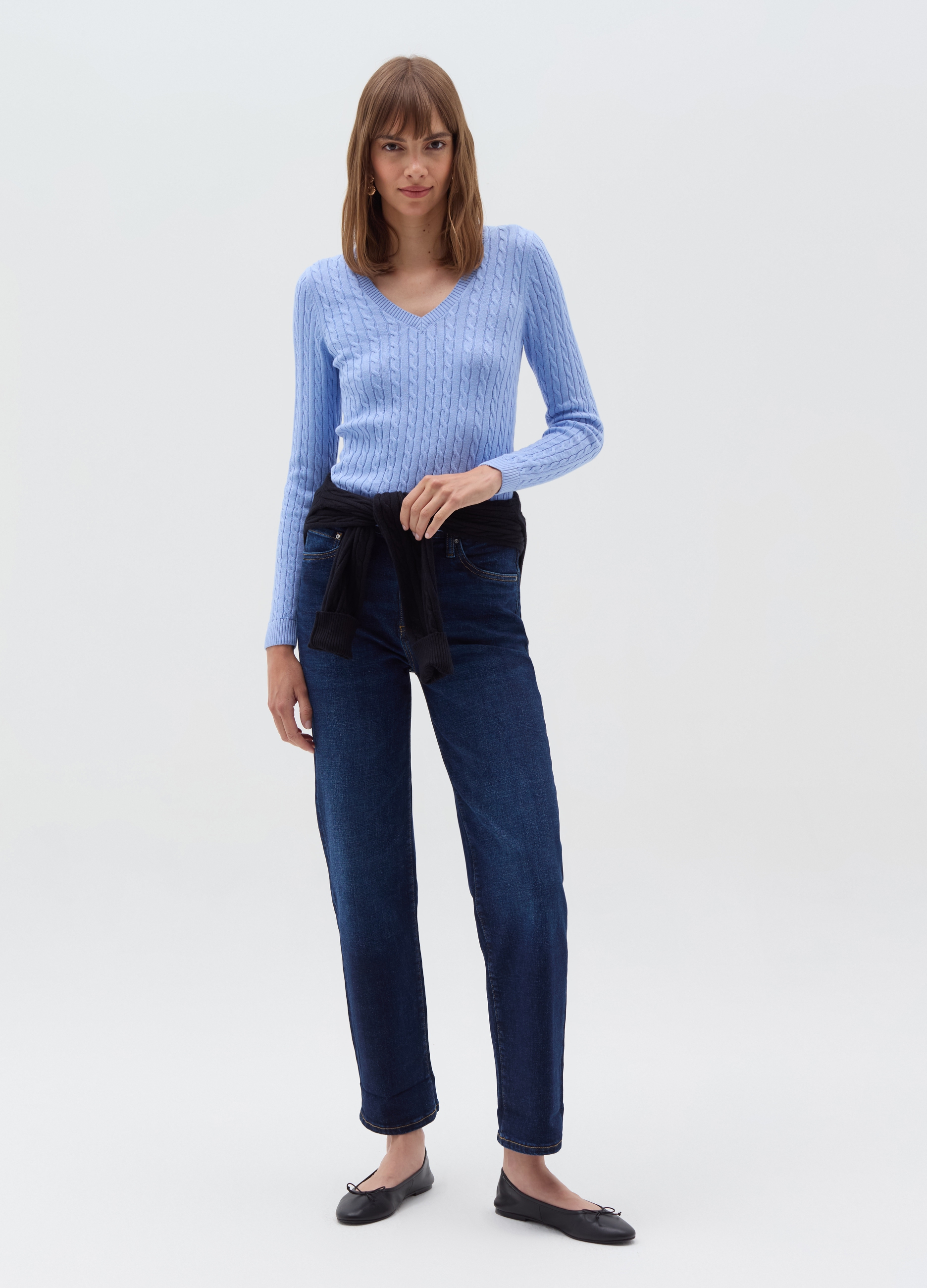 Jersey Con Punto Trenzado Cuello De Pico, Mujer, Azul índigo, Talla: 40