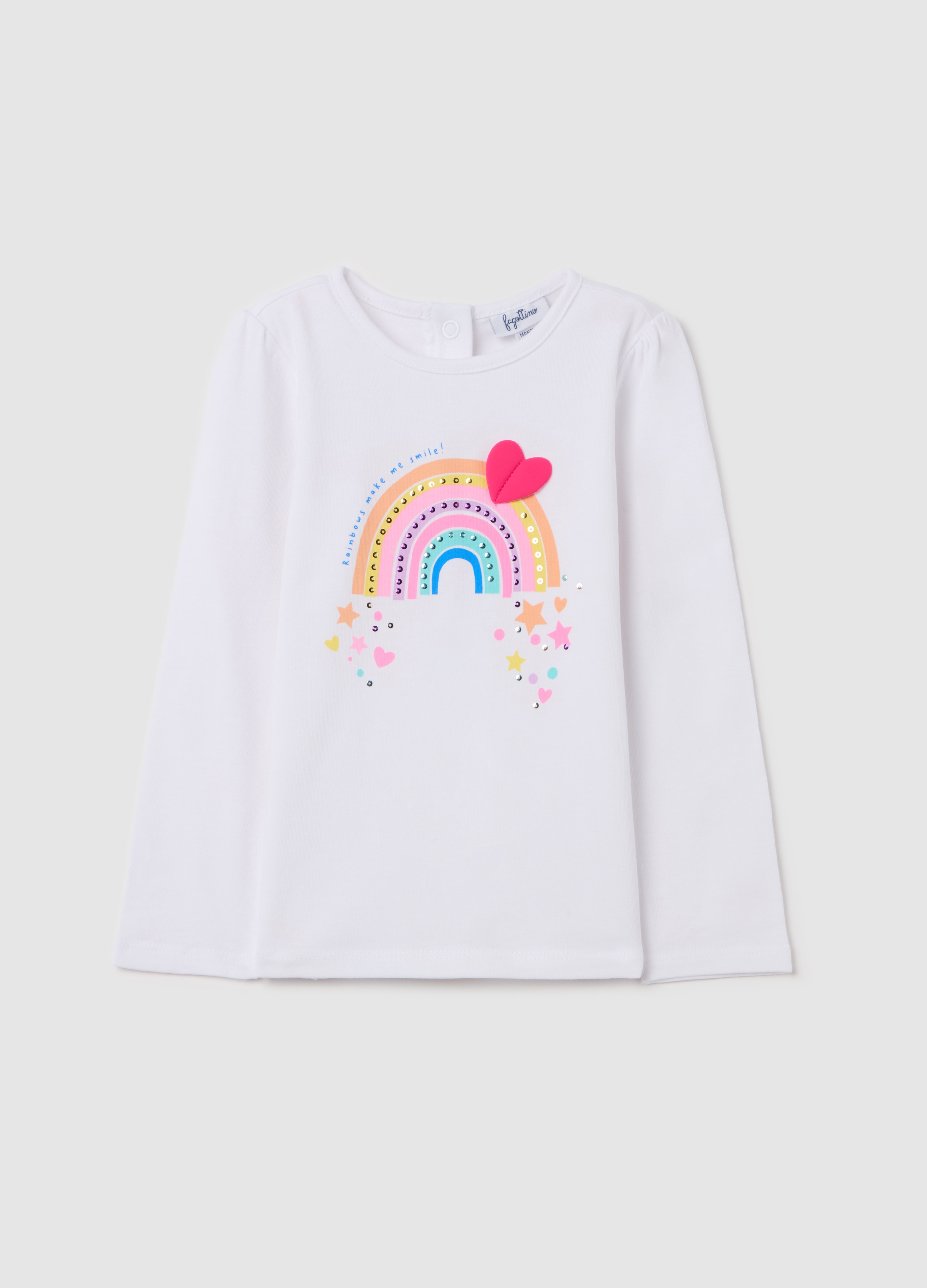 FAGOTTINO, T-shirt A Maniche Lunghe Con Strass E Stampa Arcobaleno, Bambina, Bianco, Taglia: 12-18
