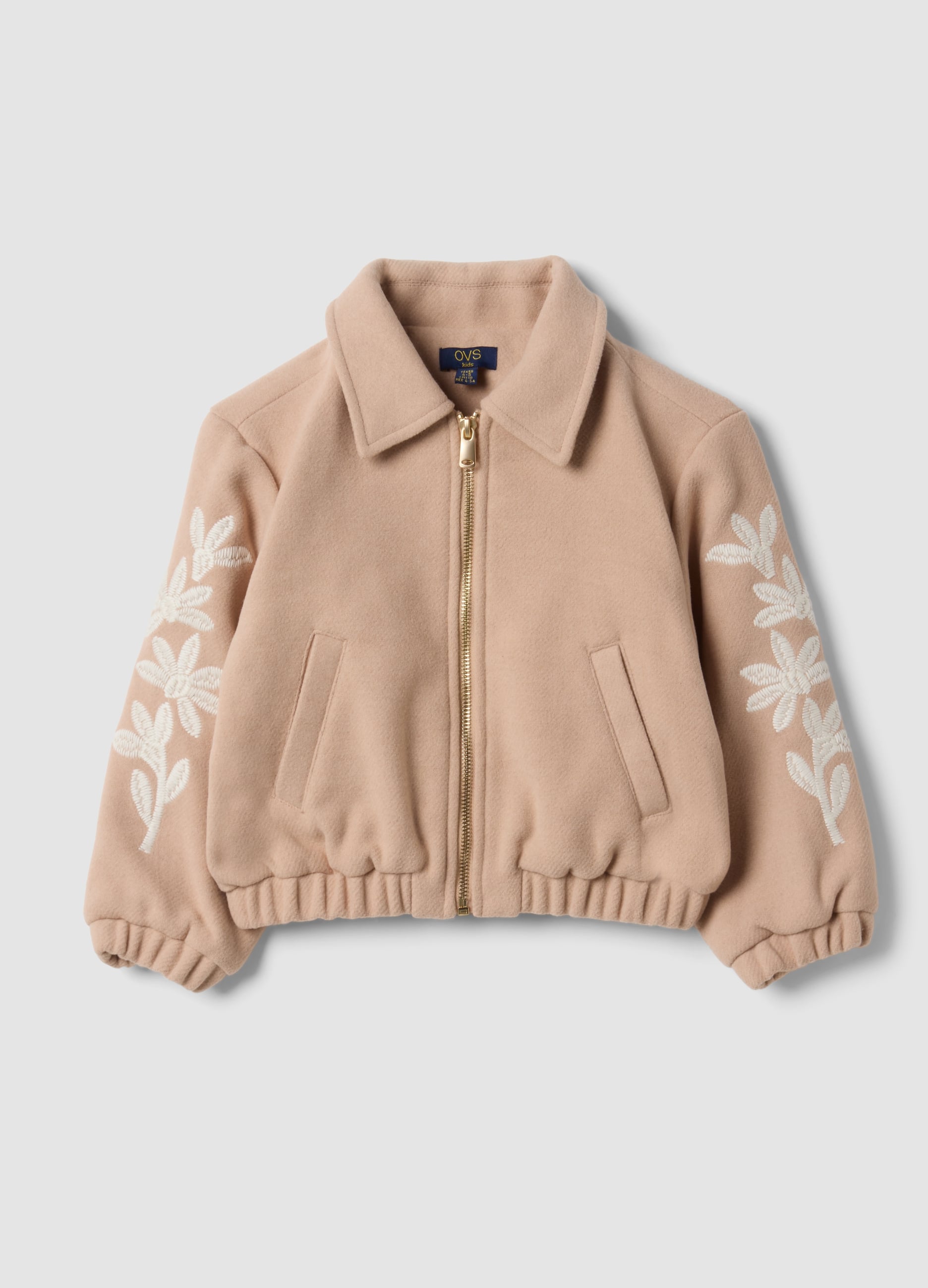 OVS KIDS, Giacca Beige In Misto Lana Con Zip E Ricami Floreali, Bambina, Beige, Taglia: 7-8